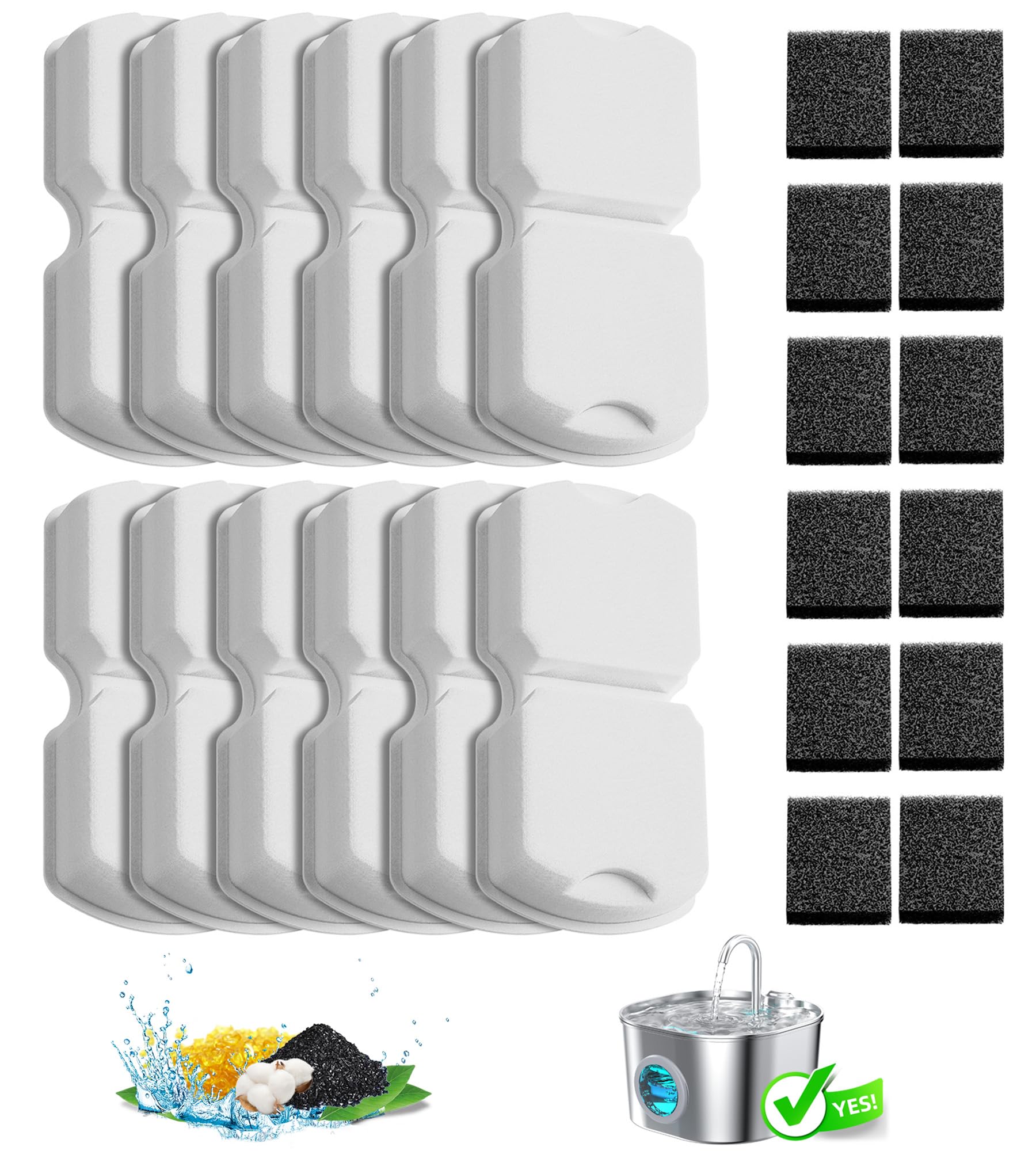 Filtre fontaine eau chat HOOISE : kit de remplacement 12 rechanges et 12 mousses de protection