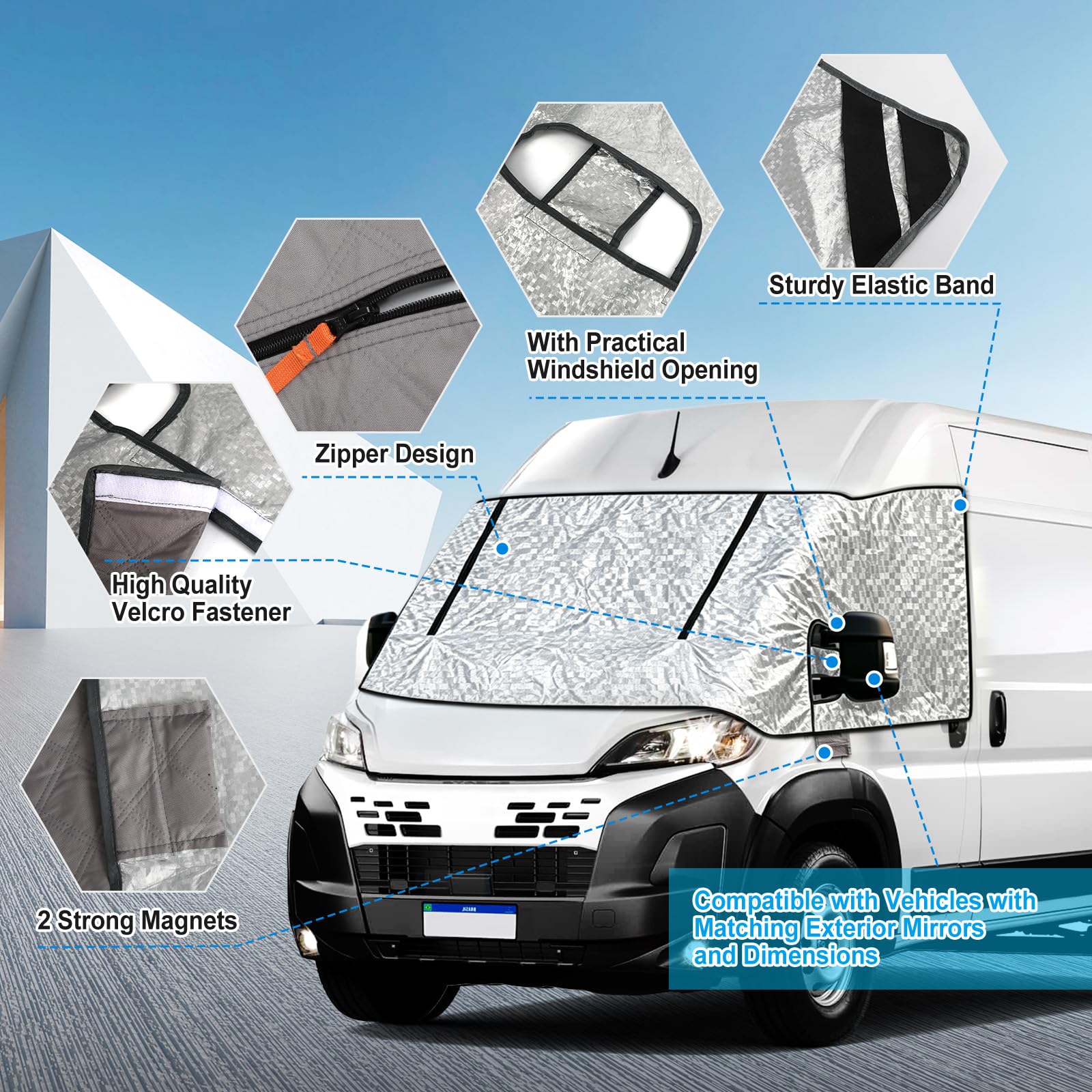 Auto Windschutzscheiben Abdeckung Ersatz für FIAT Ducato, Peugeot Boxer, Citroen Jumper X250/290 von 2006-2026, Wetterfeste Frontscheibenabdeckung Sonnenschutz mit Reißverschluss, 100% Verdunkelnd