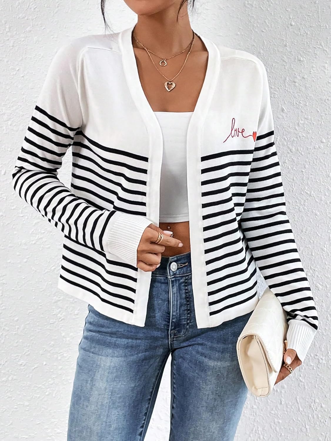 Striped & Letter Pattern Raglan Shoulder Duster Cardigan (Color : Black and White, Size : Small)
