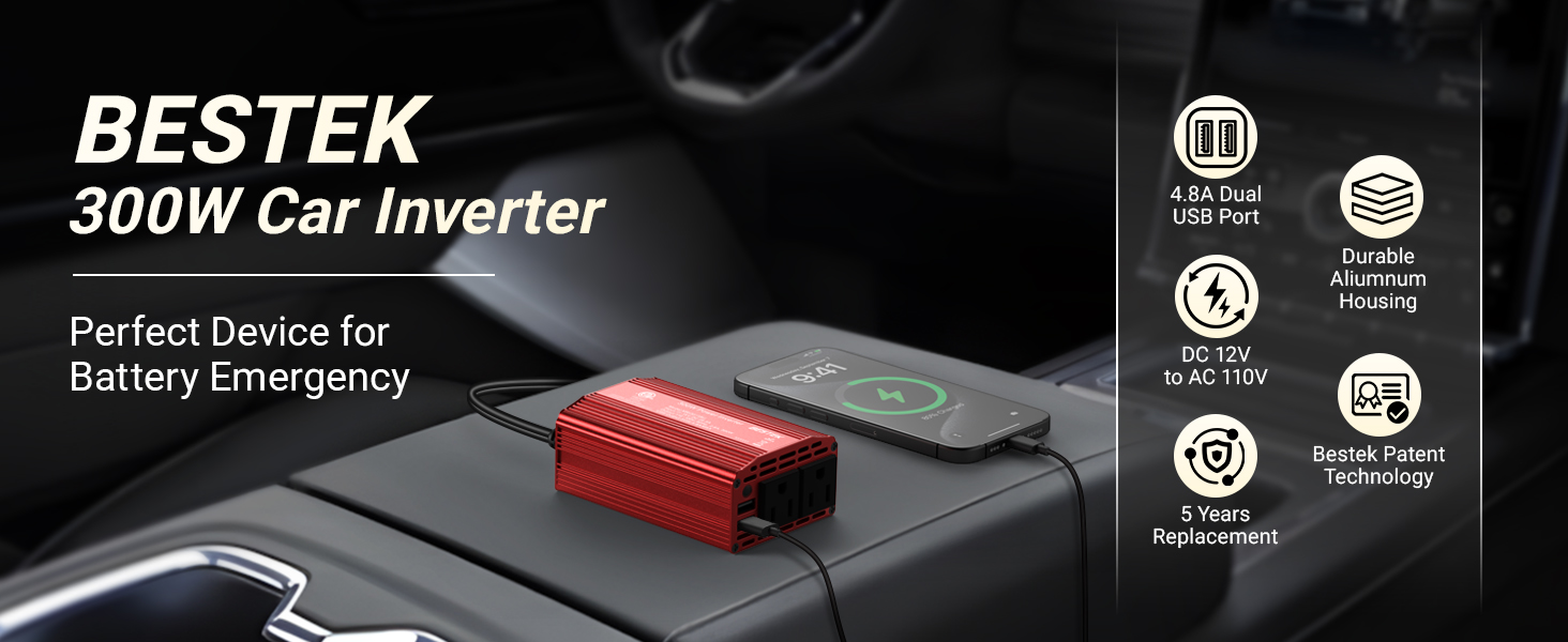 cigarette lighter power inverter best buy Amazon.com: BESTEK Power Inverter DC 12V to AC 110V - 300W Car Plug Adapter  Outlet with 4.8A Dual USB Fast Charging Port