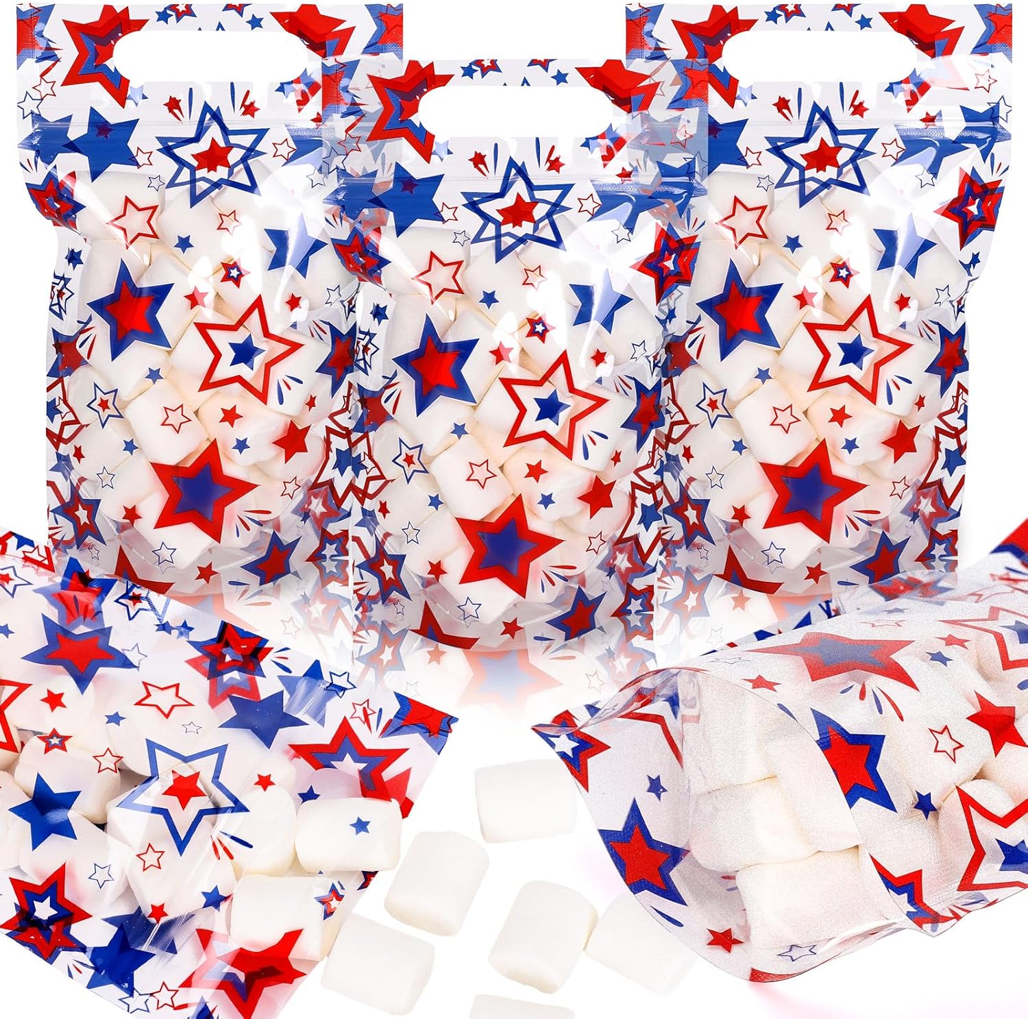 FYSUIMU 50Pcs Patriotic Treat Bags Plastic 4th of July Gift Bags Red Blue Star Zip Candy Sealing Bag with Handle Resealable Goodie Gift Bag for Independence Day Party Supplies
