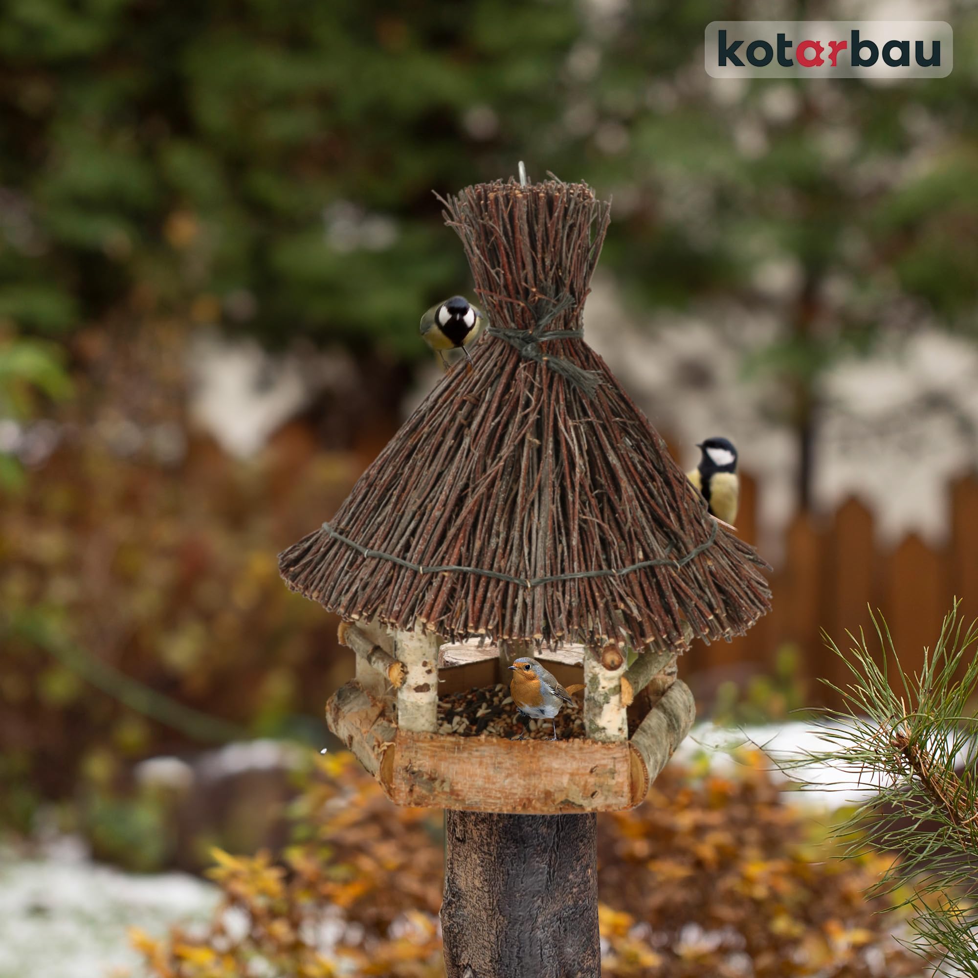 KOTARBAU® Comedero para Pájaros Colgante - Madera y Mimbre - 29x26 cm - Natural Marrón - Alimentador De Pájaros - Comedero de Madera para Exterior
