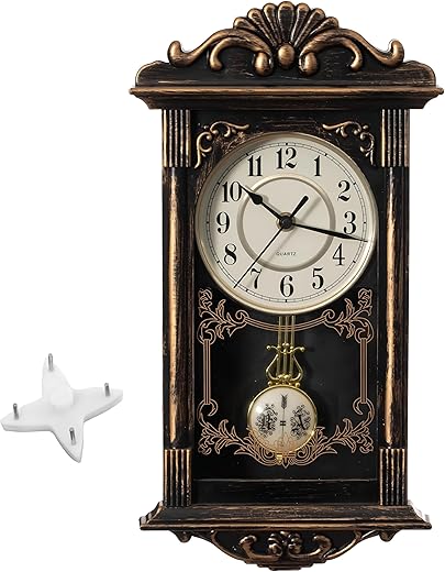 Clockswise Vintage Grandfather-Style Wall Clock with Wood-Effect Plastic Pendulum Battery-Operated - for Home Decor Living Room Home Office Kitchen or Dining Room – Black with a Distressed Finish