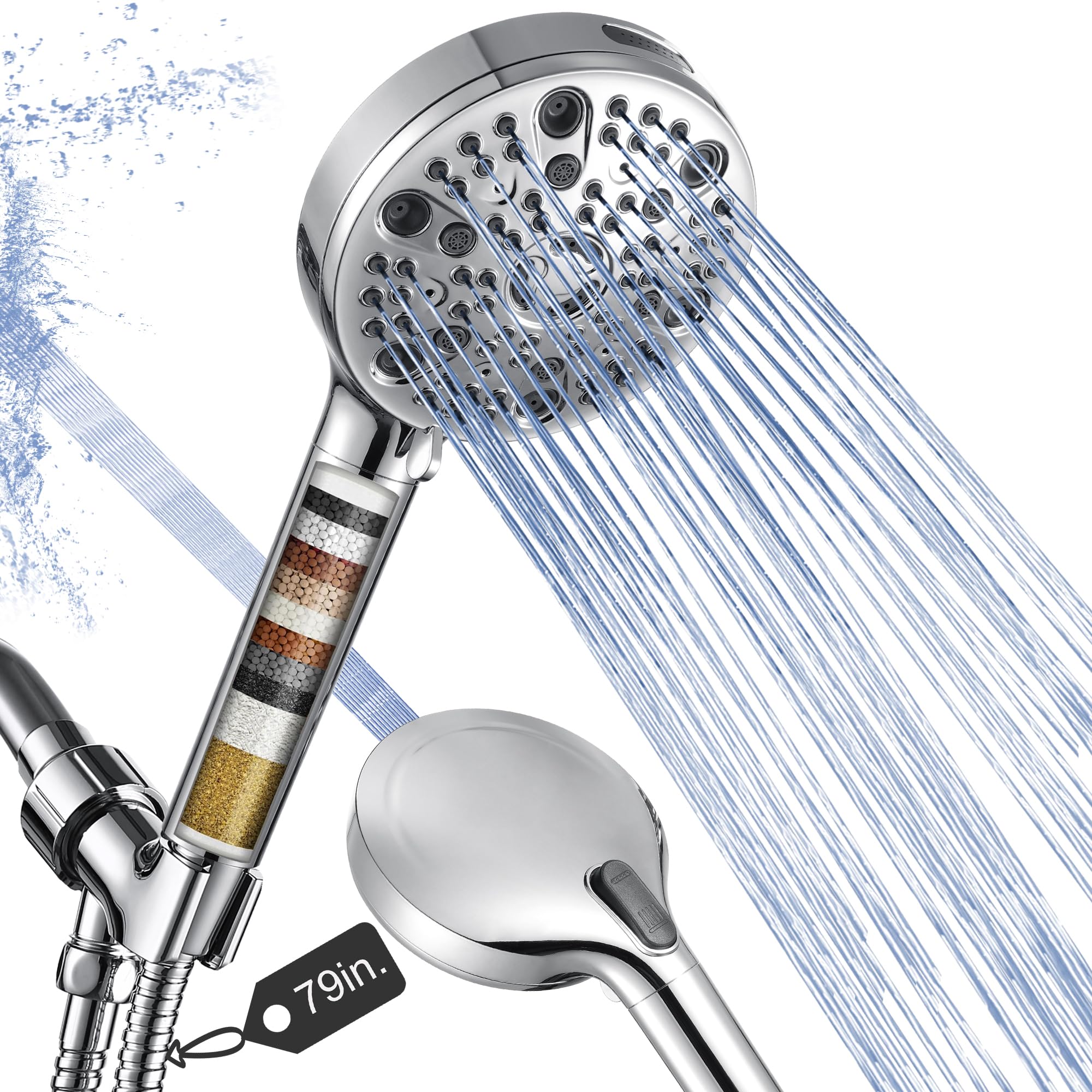 High Pressure Filtered Shower Head with Handheld - 9 Mode Hard Water Filter & Power Wash Spray, 79in Hose for Tub/Pet Cleaning + Adjustable Low Reach Bracket (Elder/Kids Friendly)