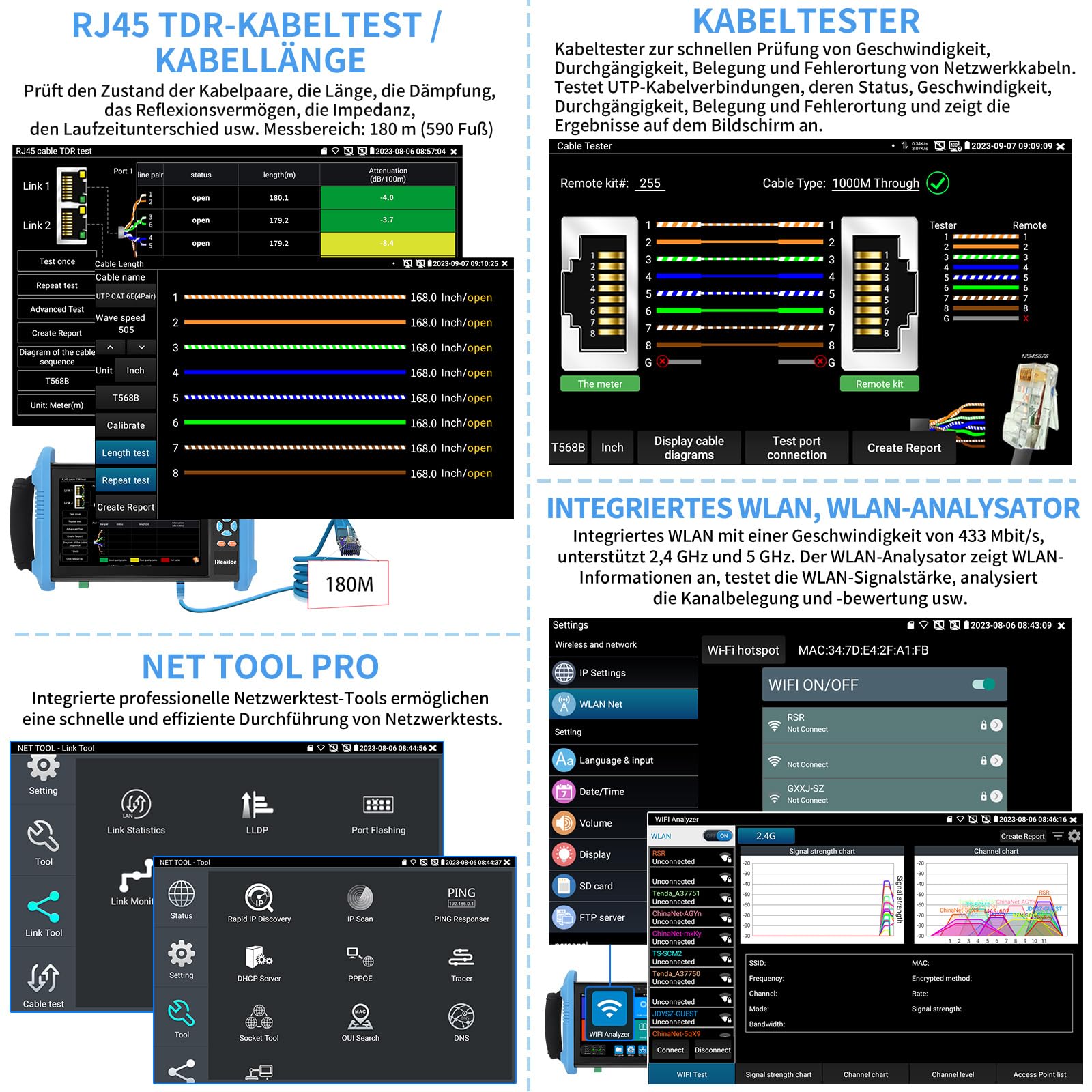 Henkion IPC-9800ADHS Pro CCTV-Kameratester 7-Zoll-IPS-Touchscreen-Monitor CCTV-Tester 8K IPC-Test und 4K 8MP HD-TVI CVI AHD SDI Kameratest IPC-Tester Netzwerk und Kabeltester POE SFP VGA WiFi RS485
