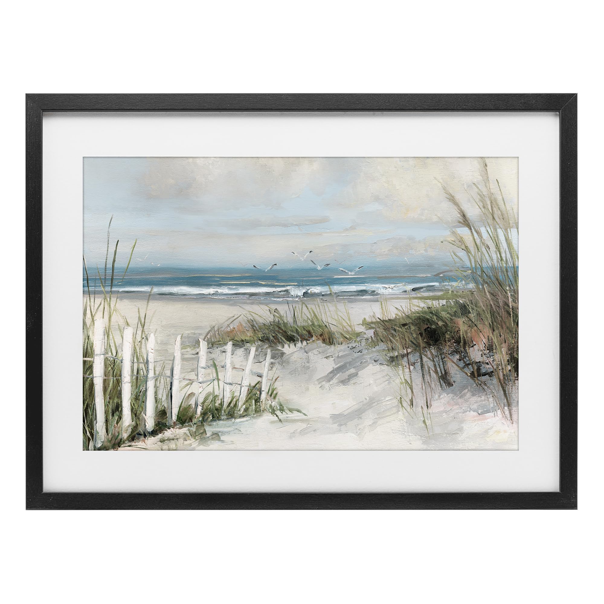 Stupell Industries Midnight Black (Textured) Dunes With Weathered Fence Coastal, 17 X 23 Inch Framed Print Under Glass