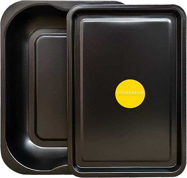 2-Pack Black Roasting and Baking Tray Set - Medium Roaster (33cm) & Small Tray (32cm) - Baking Tray Set Tray/Pan, Non-Stick, Multi-Pack Set Oven Trays - Dishwasher Safe and Easy Clean