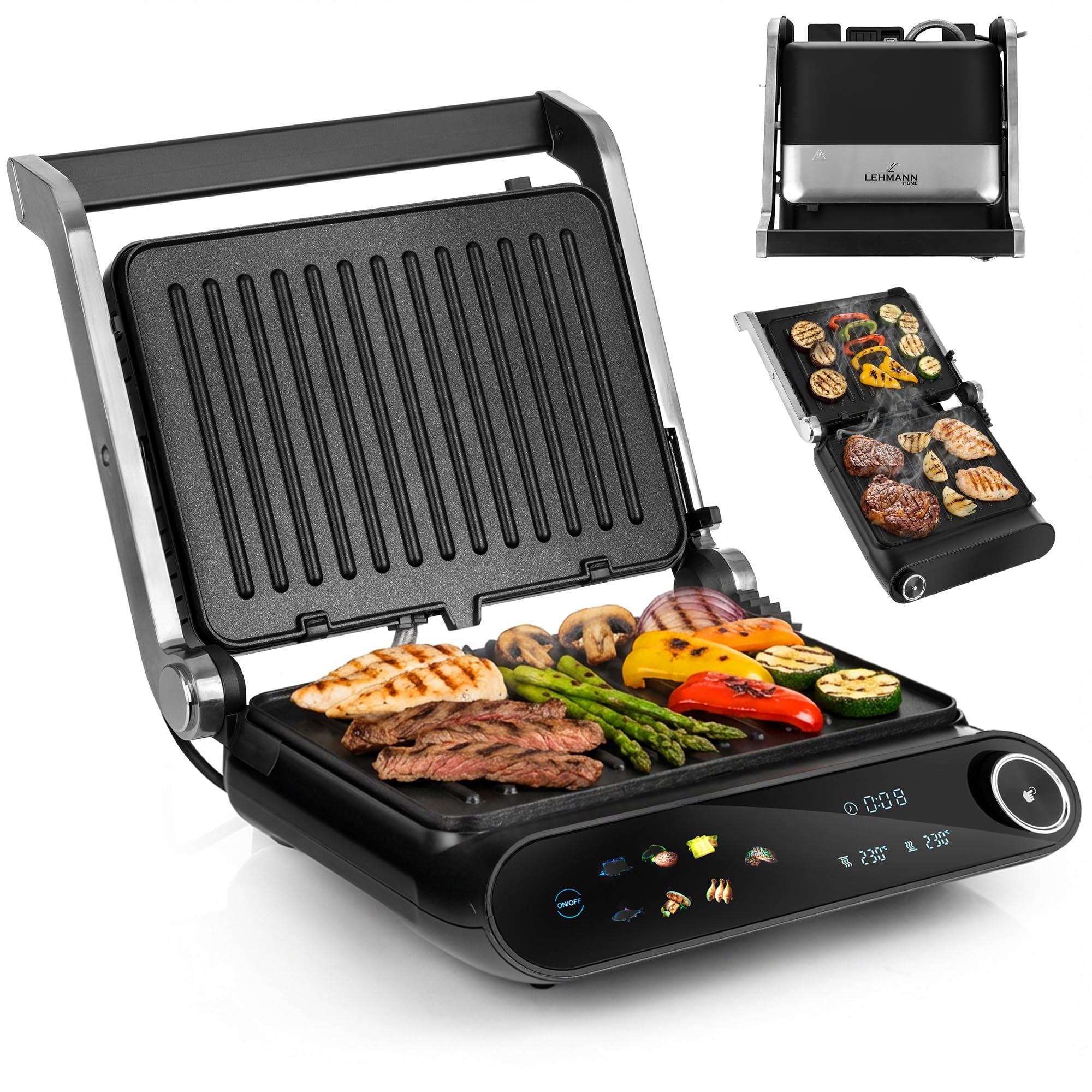 LEHMANN Bistecchiera Elettrica, 2000 W, Apertura 180°, Piastre Antiaderenti Rimovibili, 10 Programmi, Regolazione Temperatura 90-230°C, Timer 1-240 min, Griglia per Cucinare Carne, Pesce e Verdure