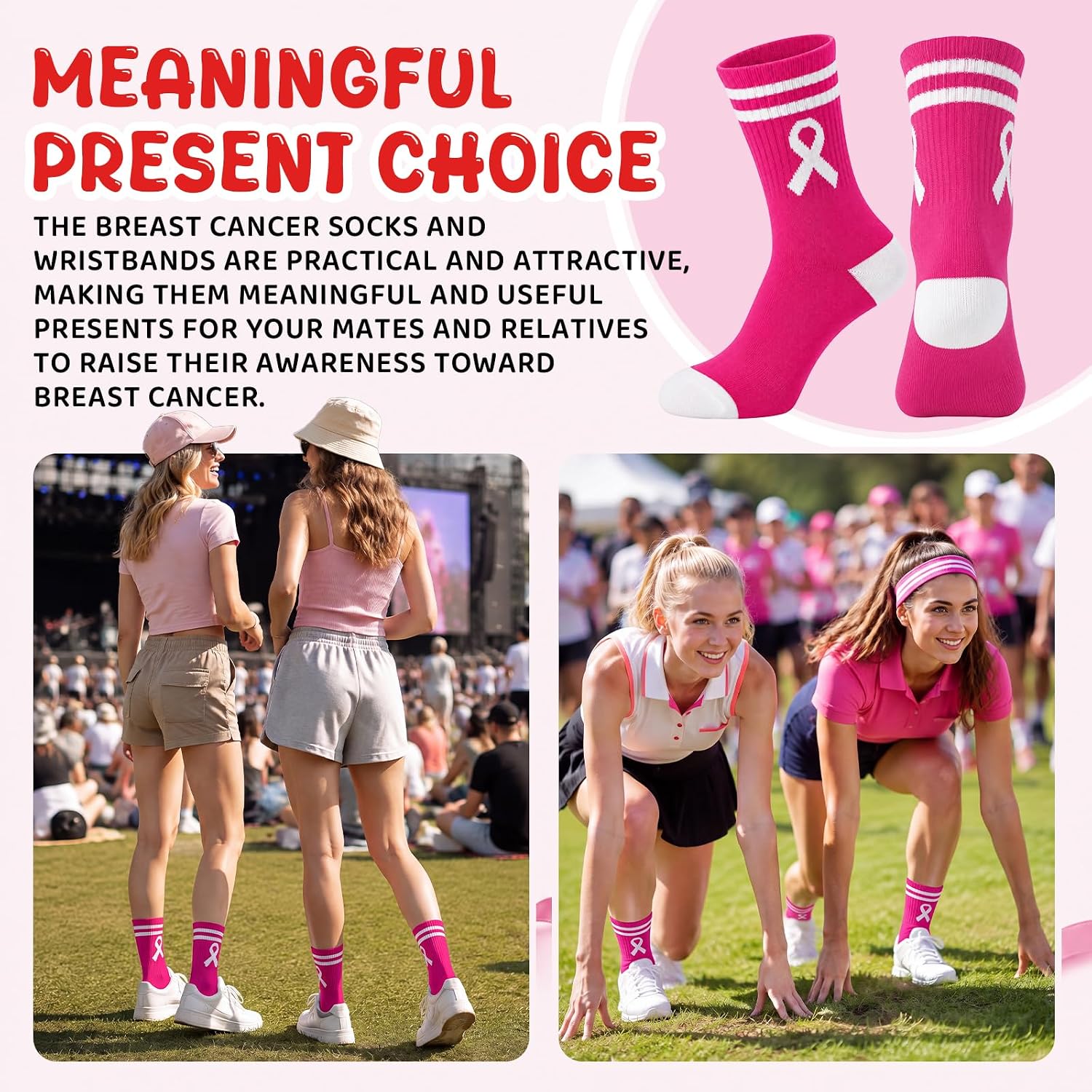 Glitopper 48 Pairs Breast Cancer Awareness Socks Bulk Soft Rose Pink Ribbon Crew Football Socks for Women Survivor Gifts image 5