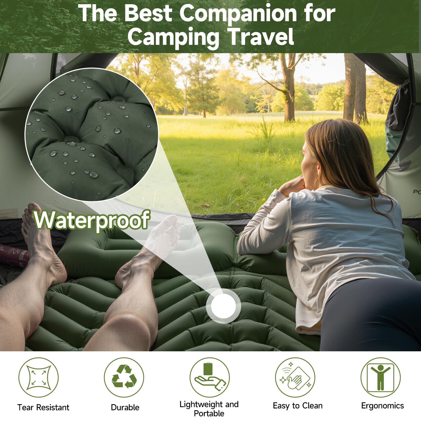 HAUSPROFI Tapis de Camping Isotherme Double, Matelas pneumatique de Camping ultraléger pour 2 Personnes avec Pompe à Pied et Oreiller, Matelas Gonflable Compact et léger, Tapis de Camping, Vert