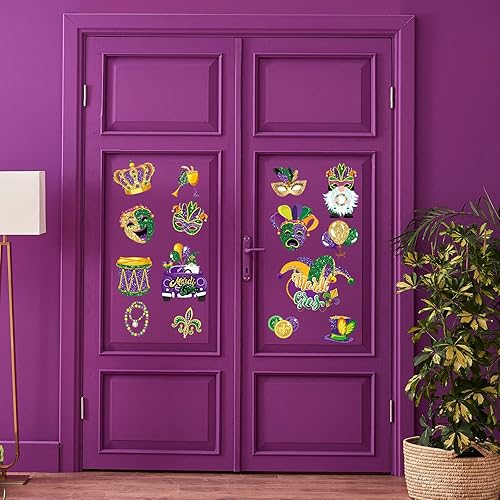 Miniatura 6 de Whaline 15 unidades de imanes de Mardi Gras para refrigerador, corona con purpurina, máscara de payaso, calcomanías magnéticas para nevera,
