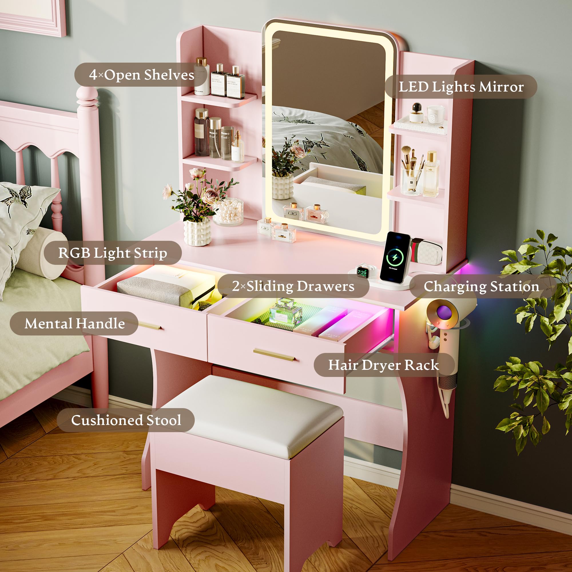 Makeup Table Dressing Tables | Corner Vanity Desk With Lighted Mirror With  Power Outlets | Gymax Vanity Mirror With Light Desk, image size:2000x2000