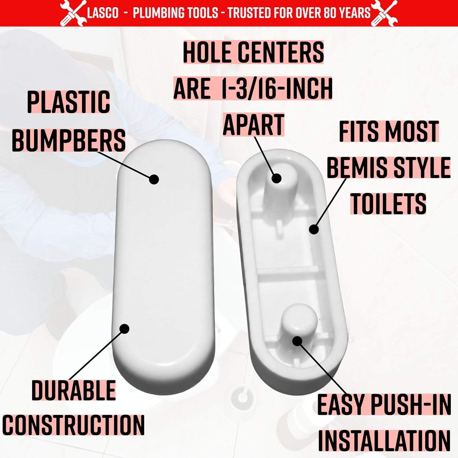 LASCO 02-3307 3/4-Inch by 1-3/16-Inch Oval Push-in Replacement Bumpers White Plastic Toilet Seat