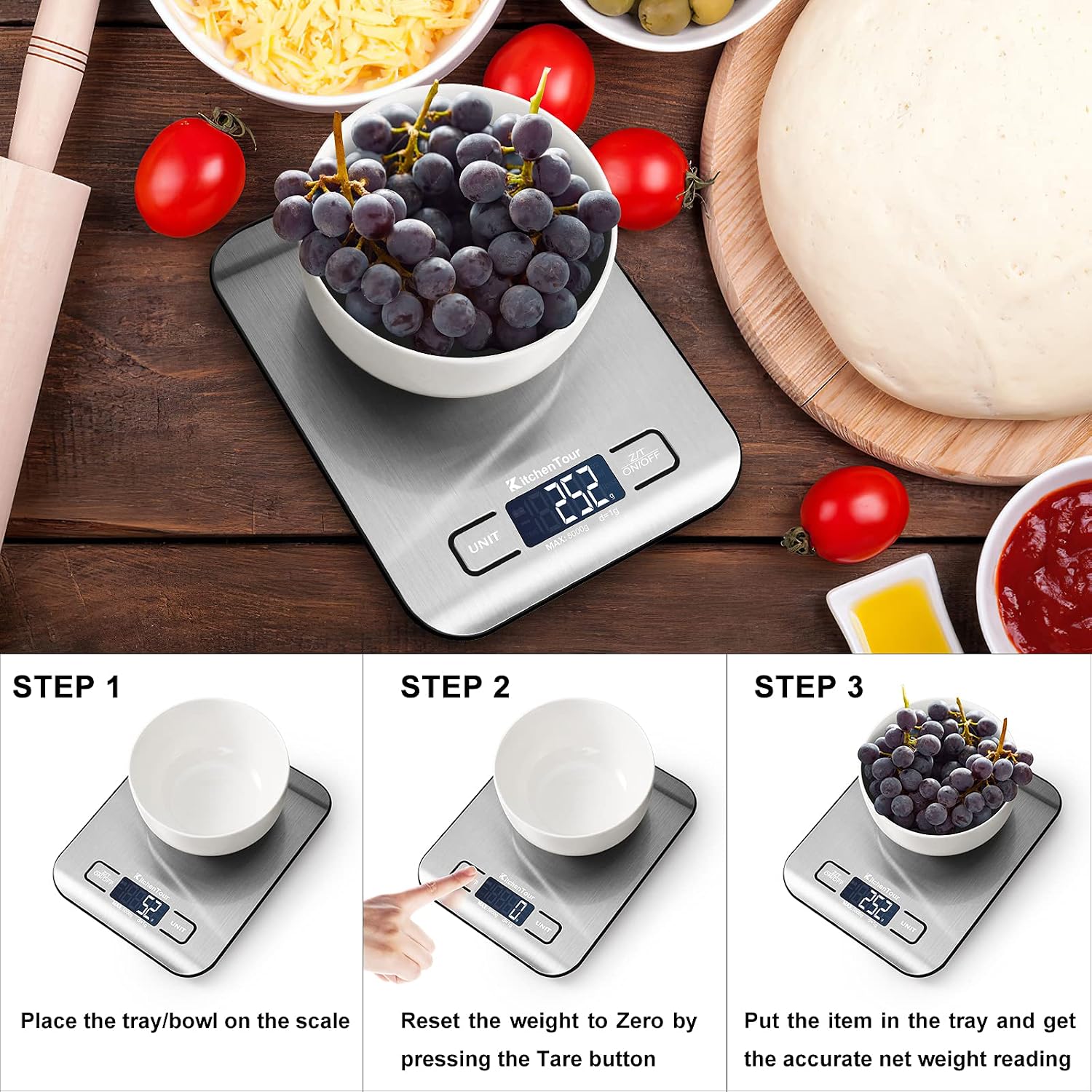 KitchenTour Food Scale, 5kg/11lb Multifunction Digital Kitchen Scale with 1g/0.01oz Precise Graduation - Stainless Steel Platform with Backlit LCD Display Scale for Cooking, Baking and Mails - Silver