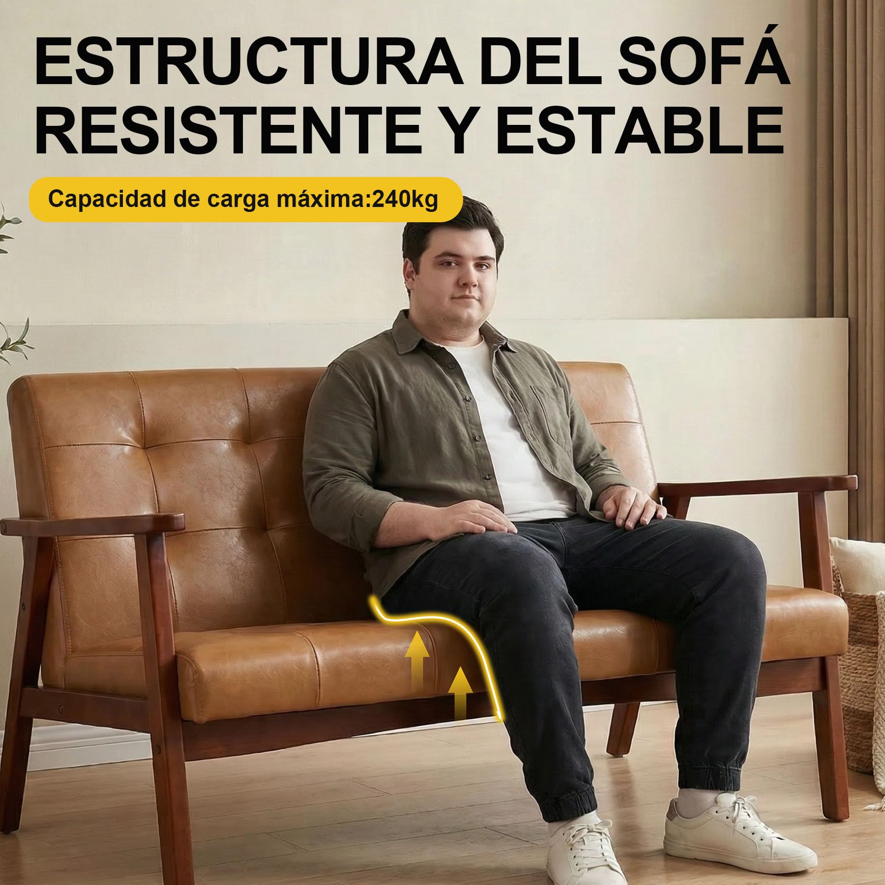 Sofá 2 Plazas de Piel Sintética con Reposabrazos, Madera Maciza