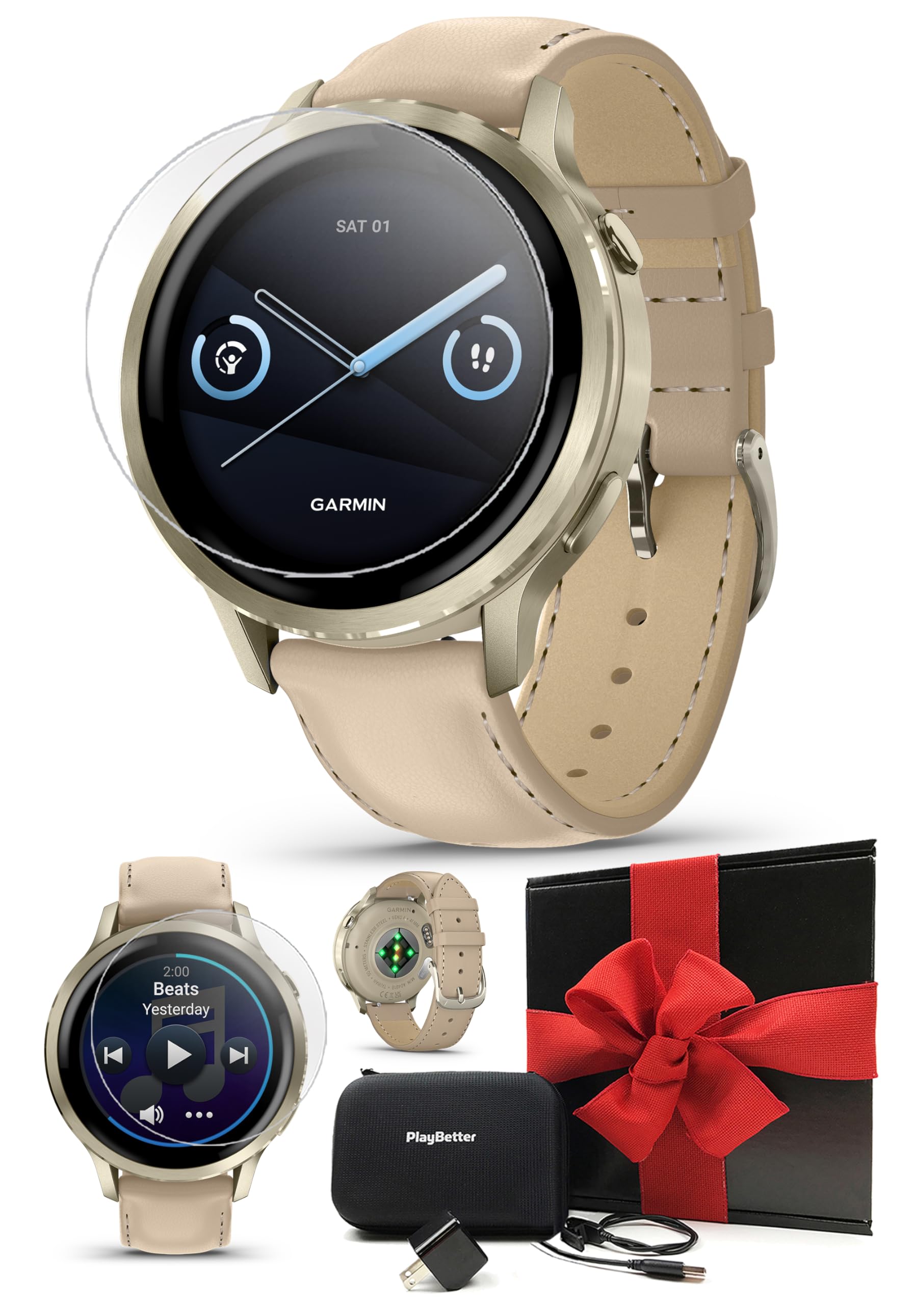 PlayBetter Garmin Venu 4 (Lunar Gold/Light Sand Leather, 41mm) Fitness GPS Smartwatch Gift Box Bundle - AMOLED, Built-in Flashlight, Long Battery Life