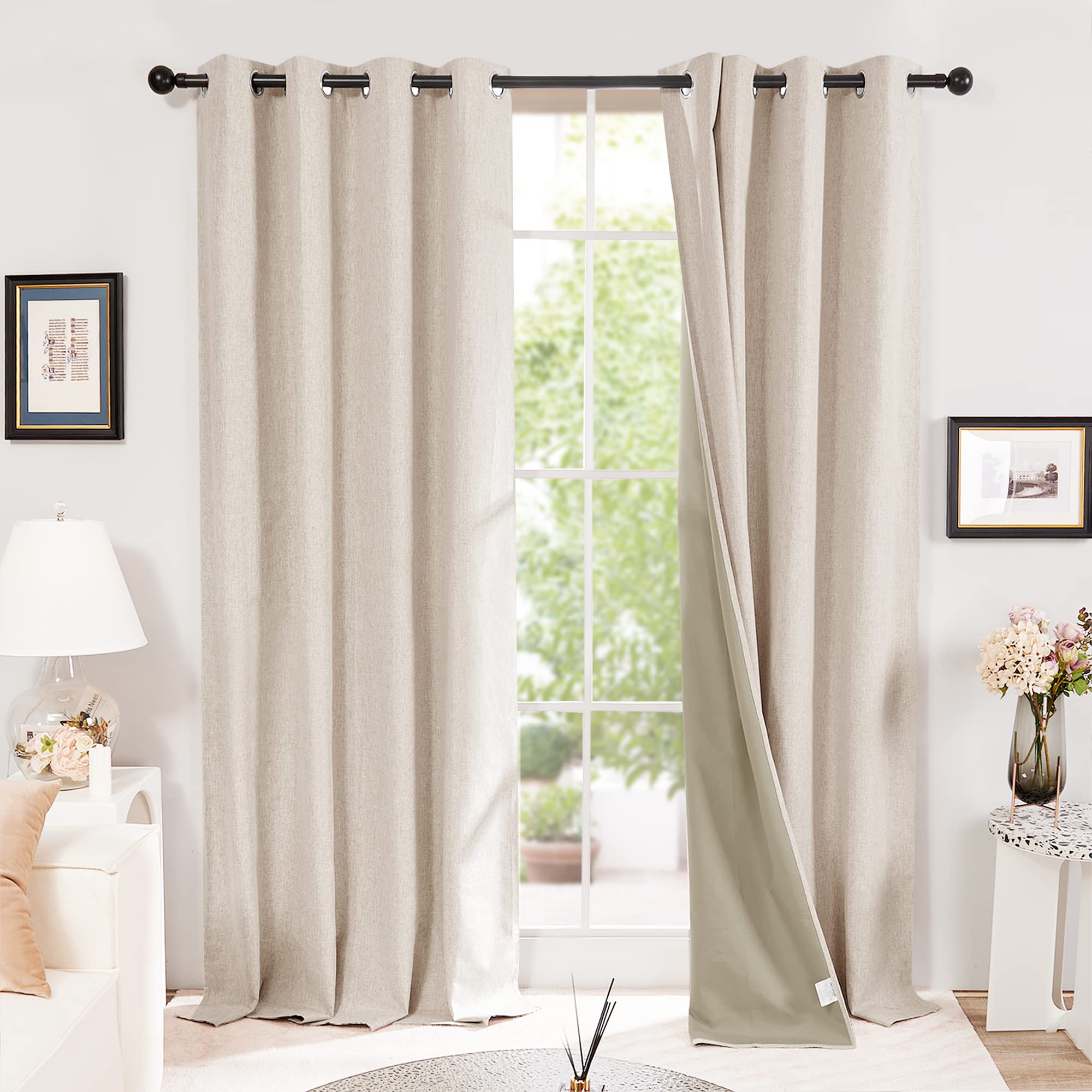 Deconovo Extra Long Total Blackout Curtains Soft Faux Linen Thermal Insulated Eyelet Curtains for Living Room, Pale Khaki, W52 x L108 Inch One Pair