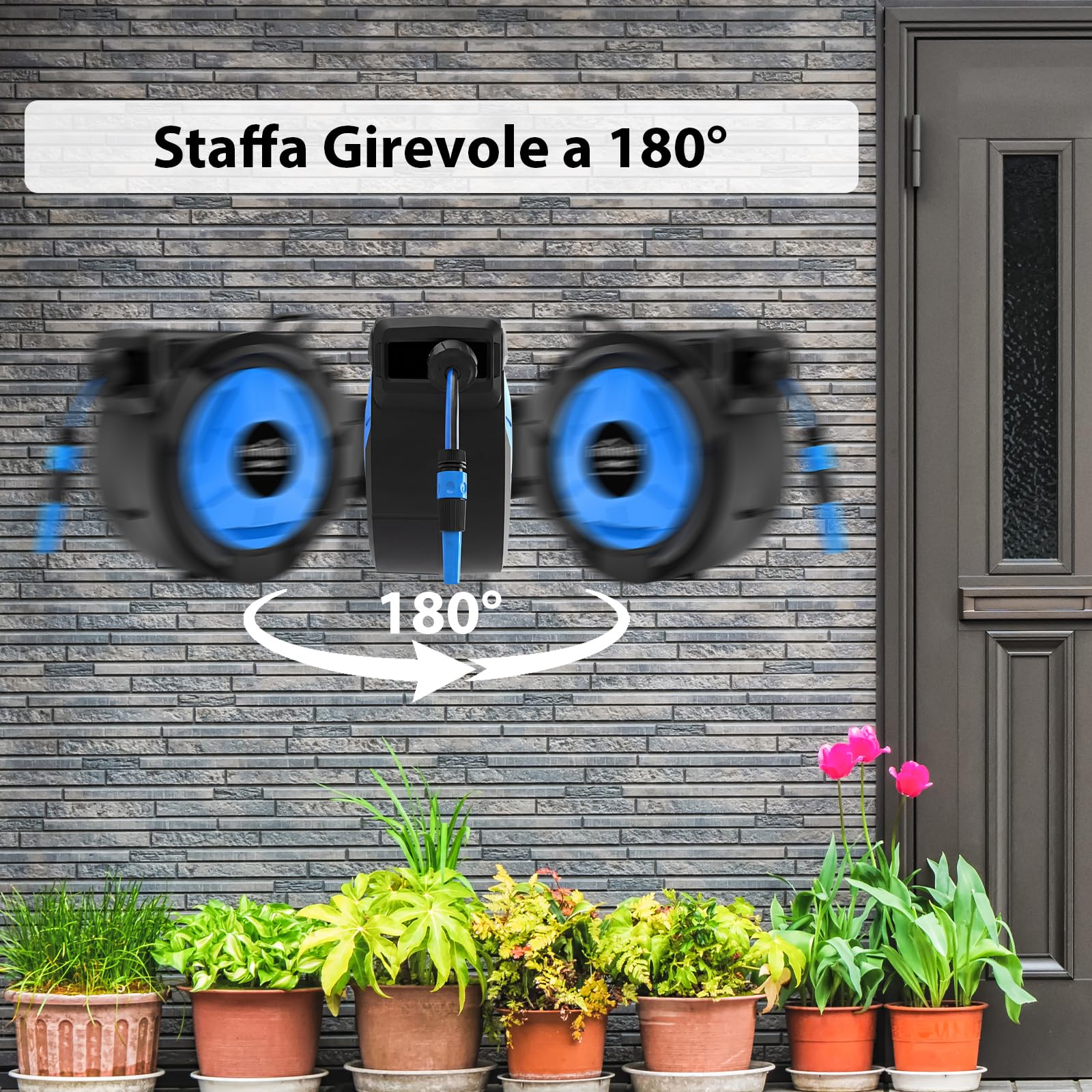 Himimi Avvolgitubo da Giardino Retrattile da Parete, 30 m + 2 m, 1/2", Avvolgitubo Automatico con Rientro Lento, Blocco a Qualsiasi Lunghezza, Supporto Girevole 180°, per Irrigazione Giardino