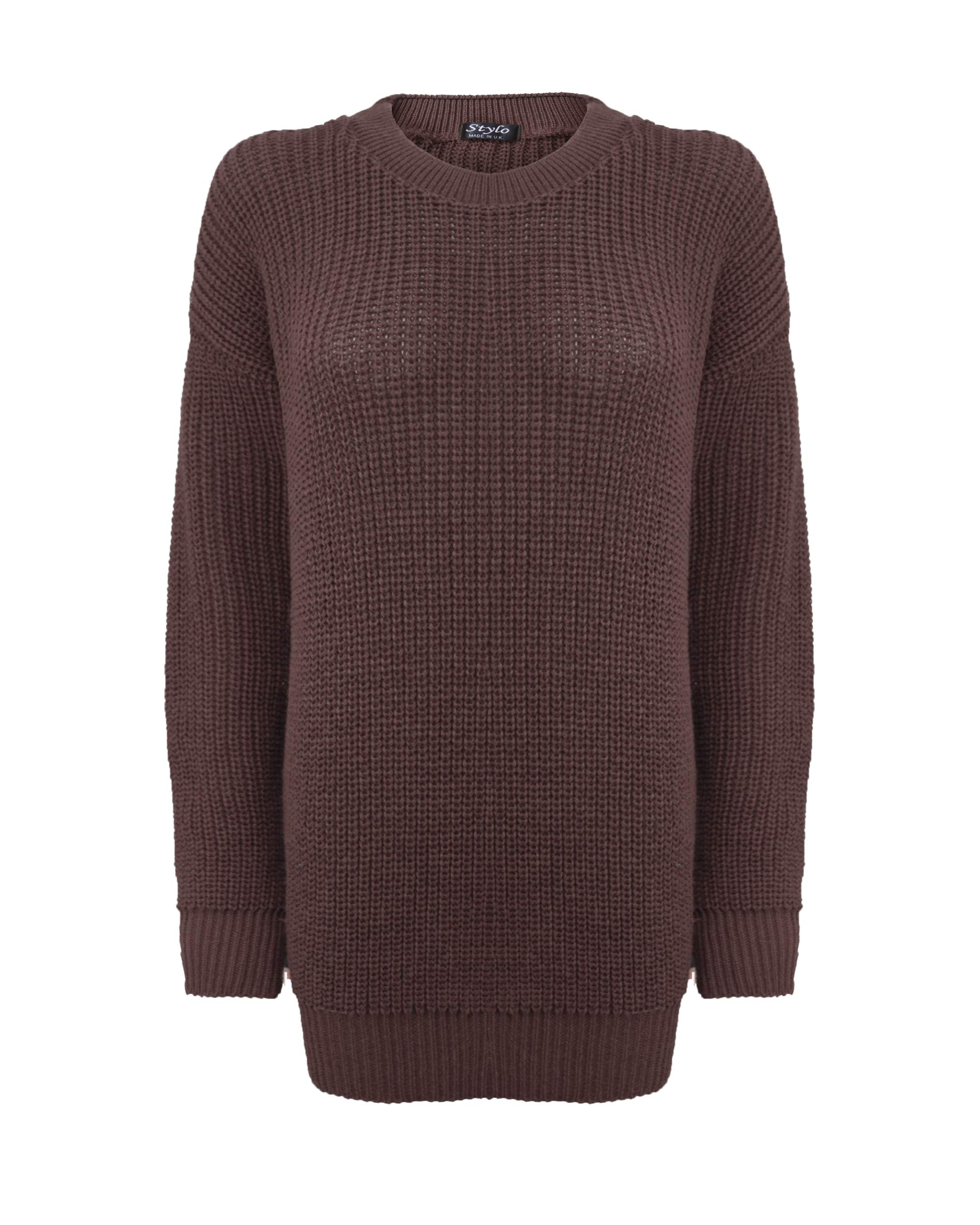 Ladies Women Knitted Long Sleeves Crew Neck Over Sized Baggy Jumper Chunky Knit Sweater Top Long Sleeves[Brown,3XL]