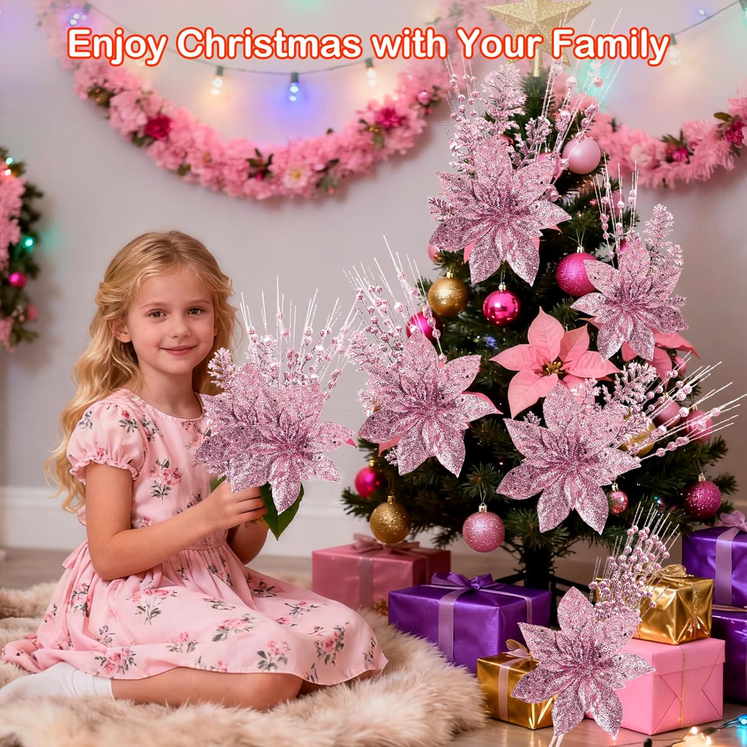18 Pack Christmas Tree Ornaments Set, 17.5 Inch Pink Fake Christmas Picks Decorations with 2 Styles, Artificial Glitter Berry Stem Ornaments for Christmas Tree Wedding Small Vase Wreath Decor