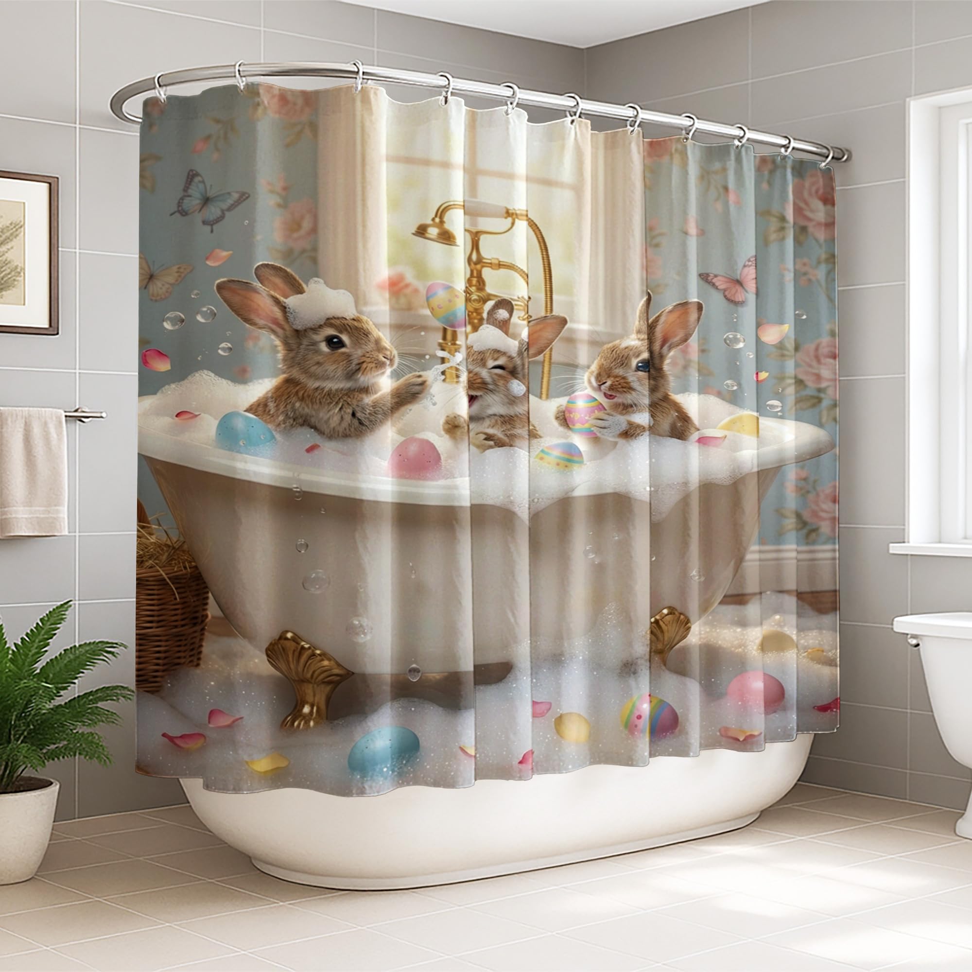 Rideau de douche bleu pastel motif lapin décoration de Pâques