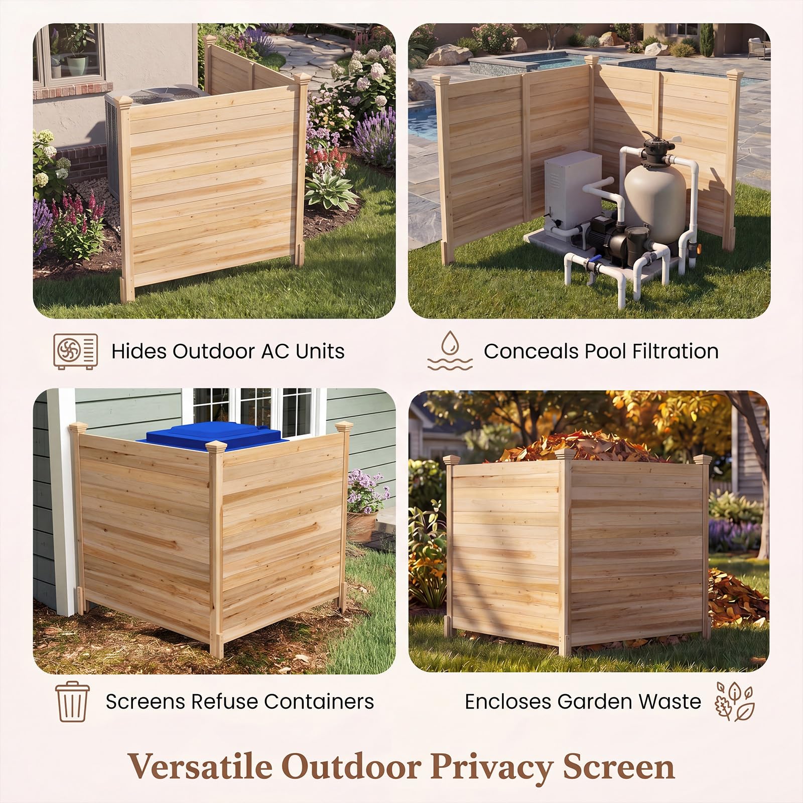 HOMASIS Valla de Privacidad de 2 Paneles, Cerramiento de Madera de Abeto para Aire Acondicionado, Cubo de Basura, Equipos de Pisicina, Barrera para Exterior, 119 x 119 x 115,5 cm (Natural)