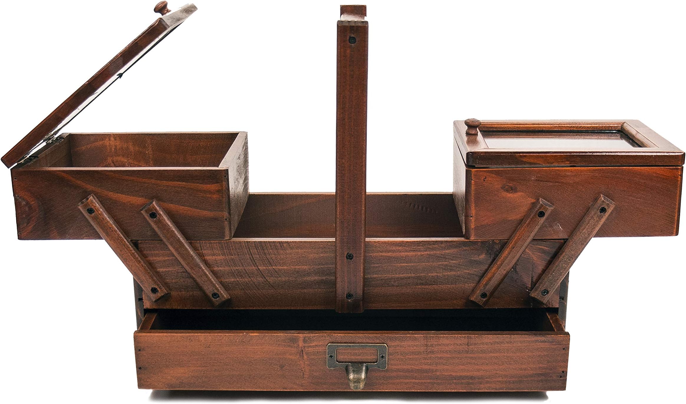 Traditional Two Tier Wooden Sewing and Craft Box with Pull Out Drawer