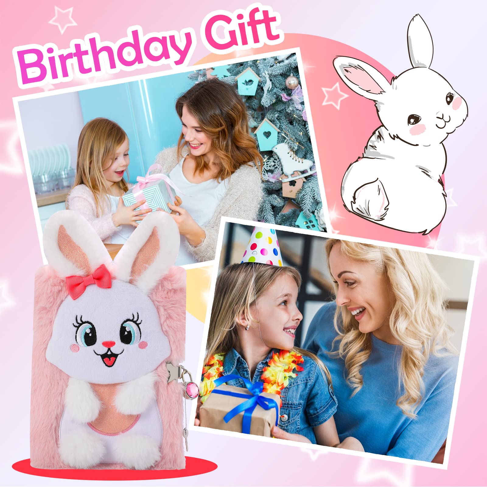 Diario de Conejo para niñas con Cerradura y Llaves, Cuaderno de Peluche Conejo para niños, Diario Secreto con 160 páginas Forradas para Escribir Dibujo, Regalos para niñas — view 6