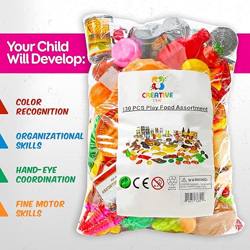 Miniatura 6 de MEDca Juego de comida para niños, colección de 130 piezas, juego de comida falsa surtida, incluye frutas, verduras, aperitivos, postres, jugos,