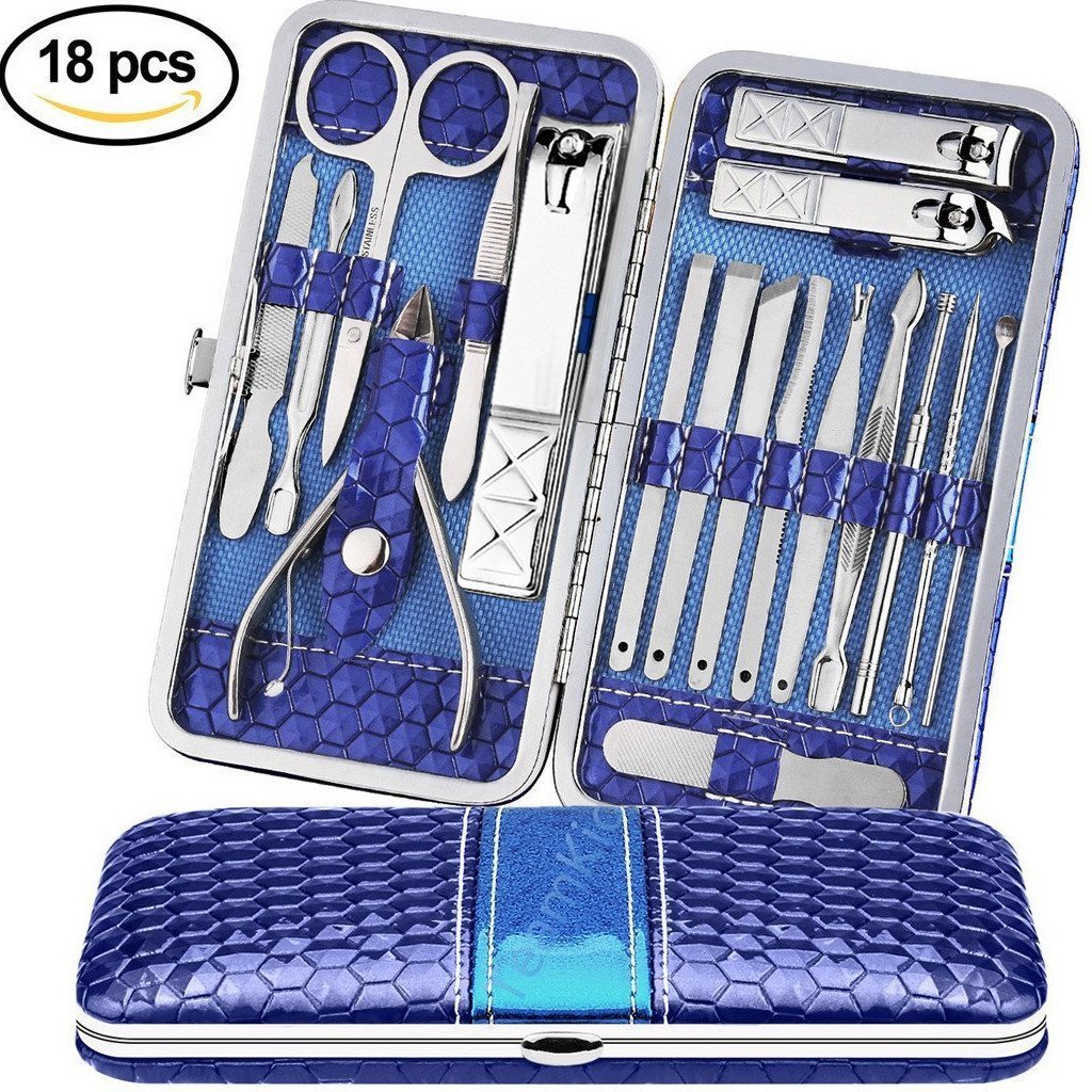 Manicure Pedicure Set, Women Men Nail Clippers Tweezer Scissors Cutter Cuticle Remover Professional Travel Tool Kit - Stainless Steel -With Leather Case - 18 Pcs - Black - Teamkio