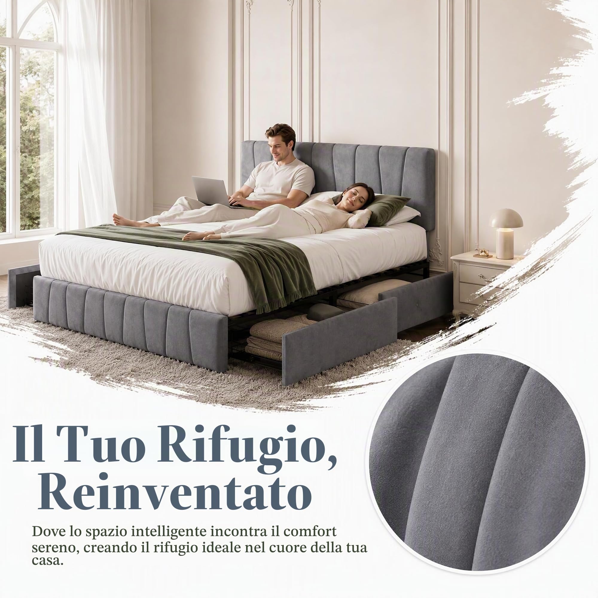 Letto Imbottito 160x200,Letto Matrimoniale con 4 Cassetti letto Matrimoniale Imbottito con contenitore Letti con Usb e Luce Led Letti Contenitore (grigio, velluto B, 160 x 200 cm)