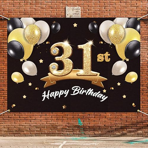 Miniatura 6 de Telón de fondo de pancarta de feliz cumpleaños 31 – Suministros de decoración de fiesta de cumpleaños 31 para hombres – Negro dorado 4 x 6 pies
