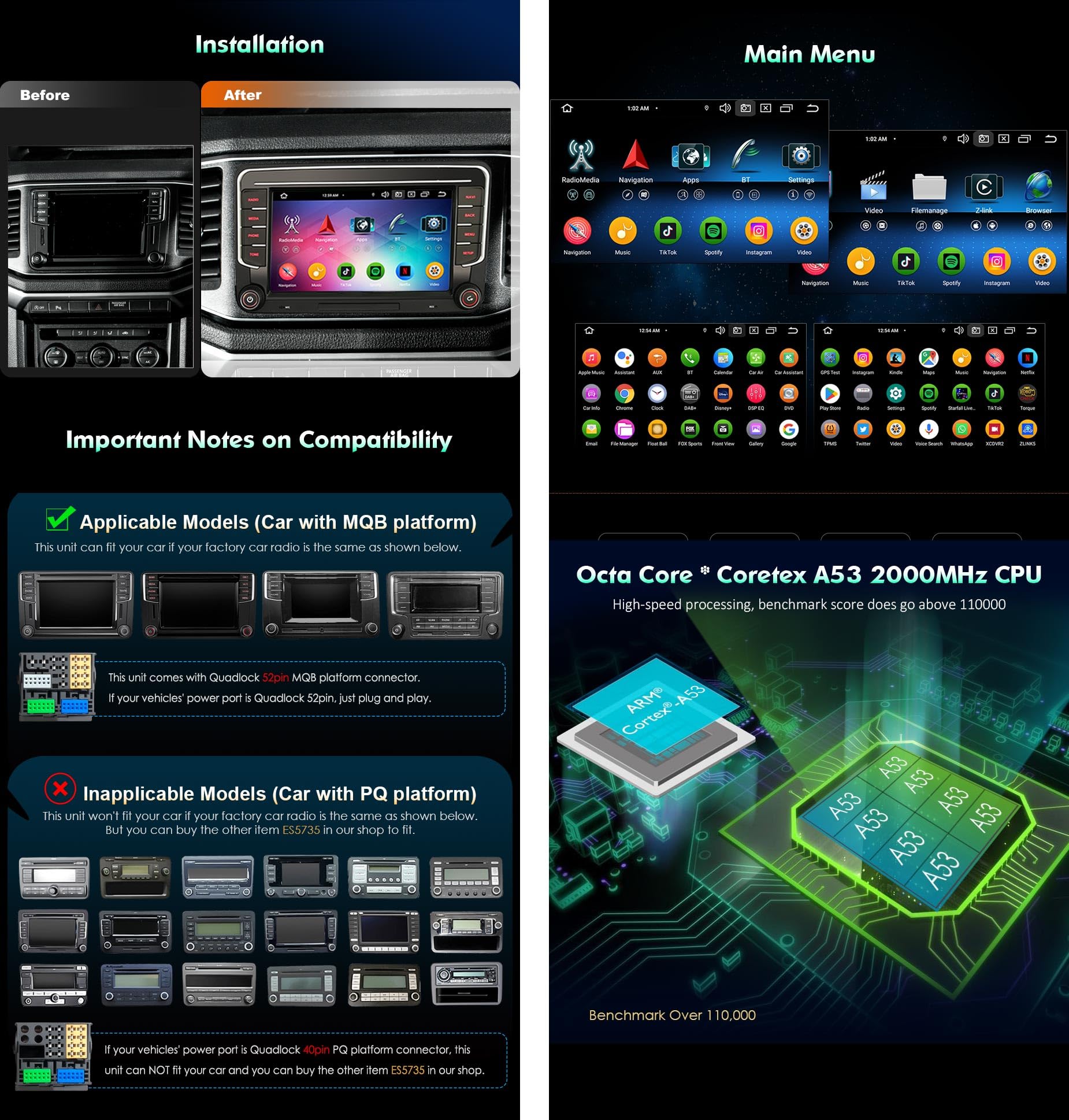 Erisin 8-Core 4GB+64GB 7 pollici Android 14 Autoradio Bluetooth GPS Navigatore per VW Polo 6R Crafter Amarok Caddy Transporter T6 Skoda Yeti CarPlay Android Auto WiFi 4G DSP DAB+ RDS OBD2 Canbus OPS