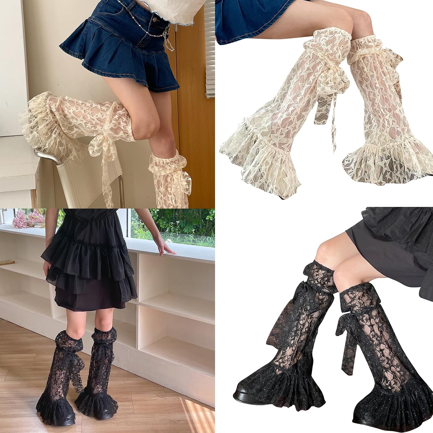 Womens Star Leg Warmers-Lolita Boot Stockings Japanese Lace Trim Long Leg Socks Fashion 80s Party Dance Legwarmers Black