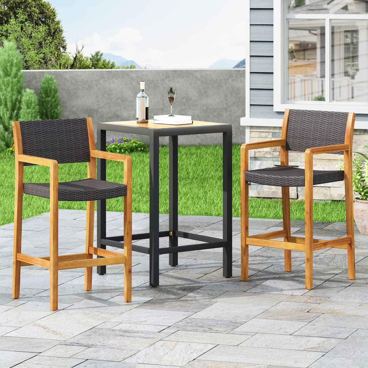 Christopher Knight Home Bridget Outdoor Acacia Wood Barstools with Wicker (Set of 2), Teak and Black
