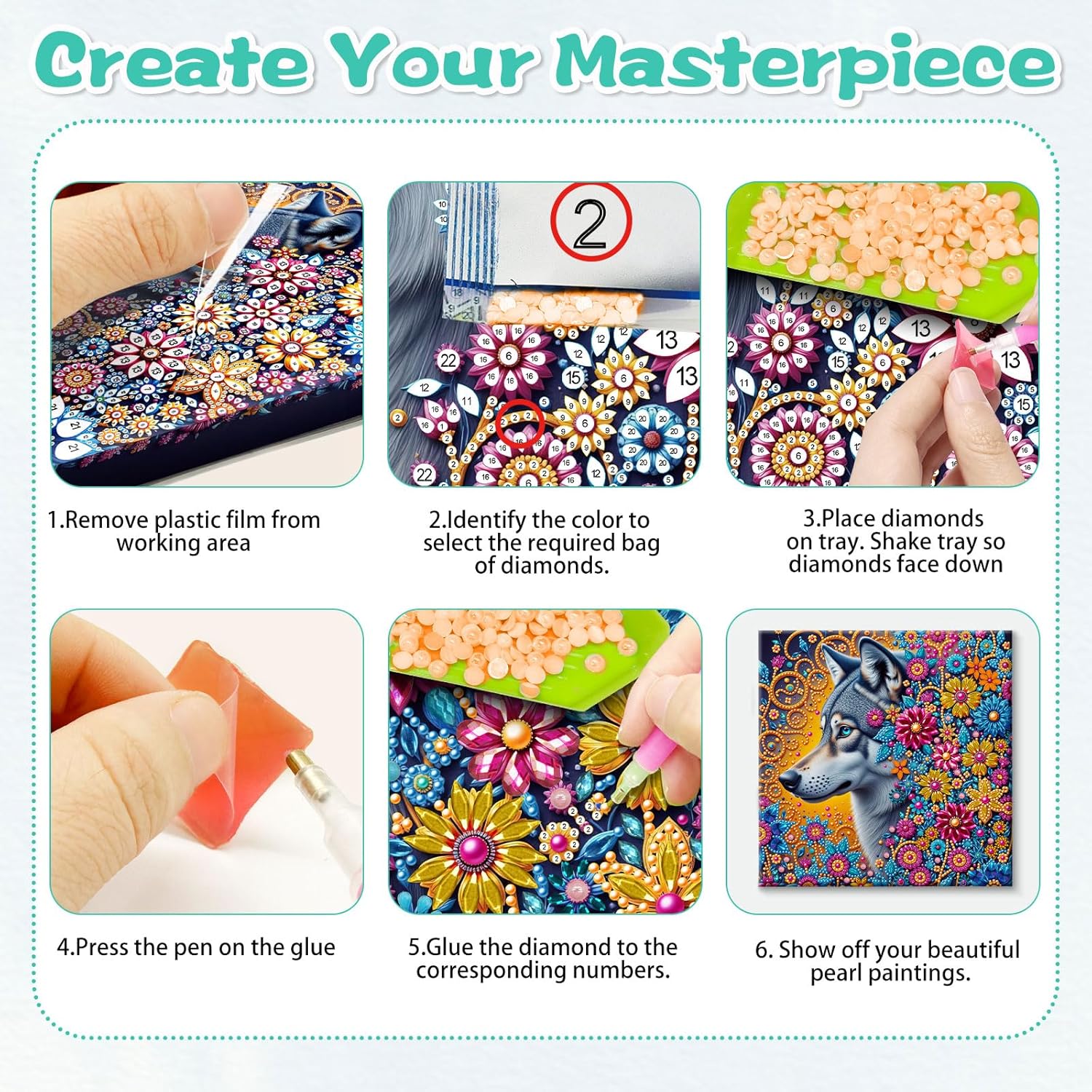 POETRYDRAW Pearl Diamond Art Painting Kit with Frame 11.42 x 11.42 inch, DIY Pearl Beads Art Craft for Adults - Beginner Friendly Framed Canvas Wall Decor Gift Idea (Wolf Flower)