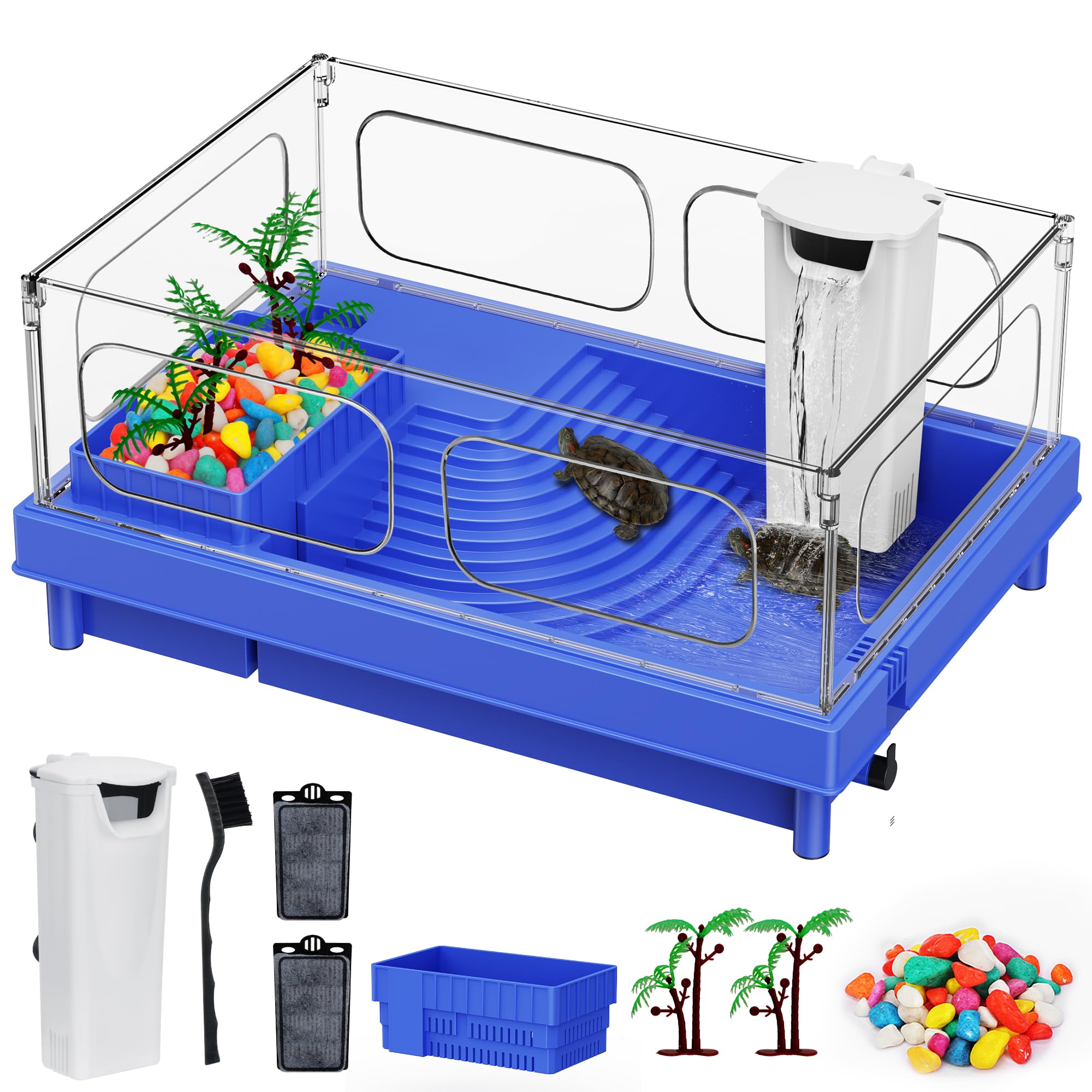 GeegoodsTurtle Tank, Blue Small Turtle Tank Kit, Turtle Aquarium with Filter, Colored Rocks, Brush and Small Plant
