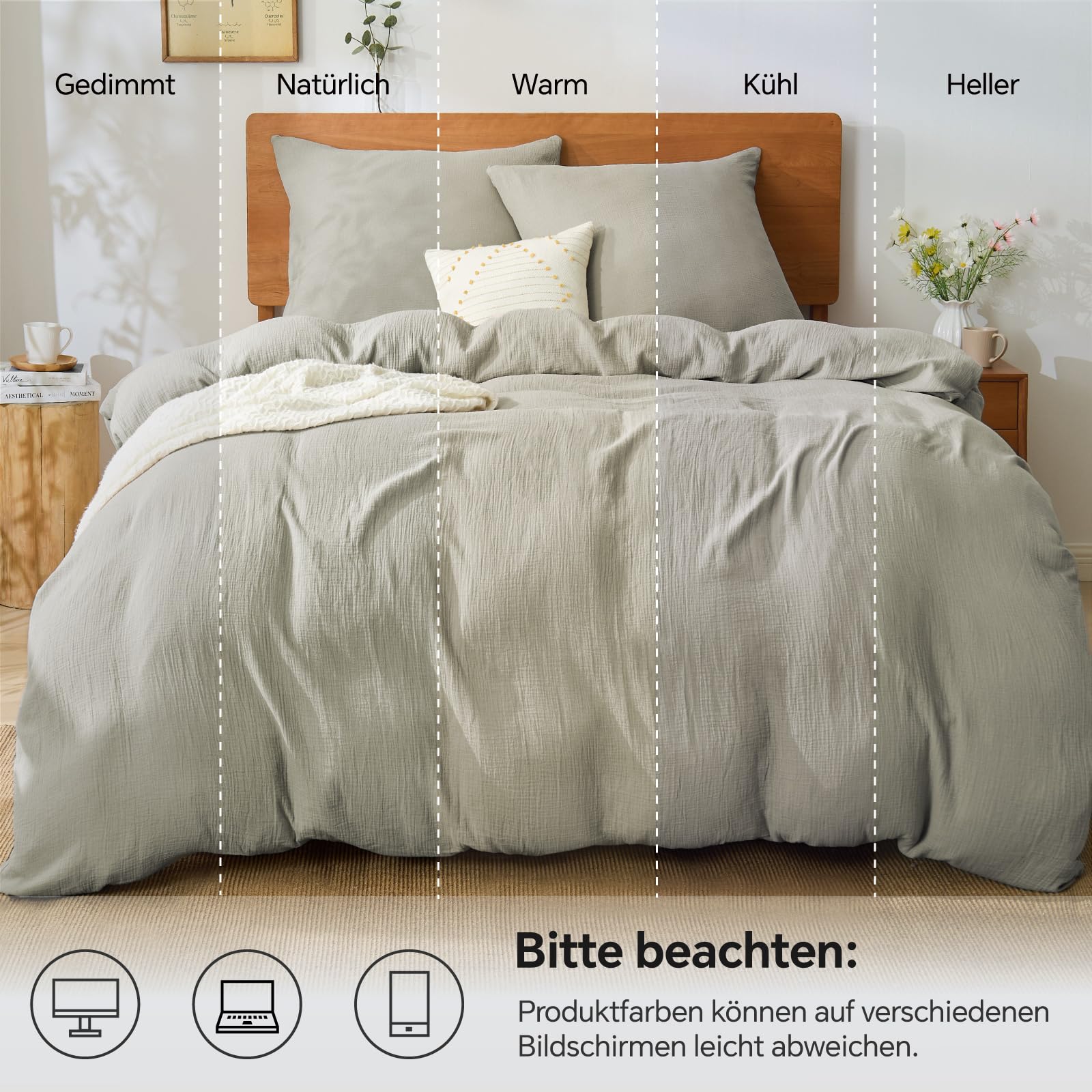 BEDELITE Musselin Bettwäsche 135x200 Baumwolle - ÖKO-TEX Bettwäsche-Sets Sommer Taupe 2teilig mit Reißverschluss, Bettbezug 135x200cm mit Kissenbezug 80x80 cm, weiche und atmungsaktiv