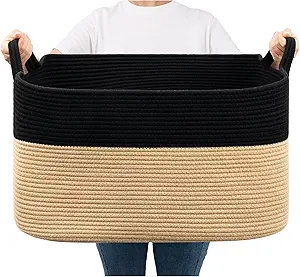 Goodpick Large Woven Storage Basket, 21.6" x 14.9" x 11.8" Rectangle Cotton Rope Laundry Basket with Handles, Baby Toy Blanket Storage for Living Room, Bedroom