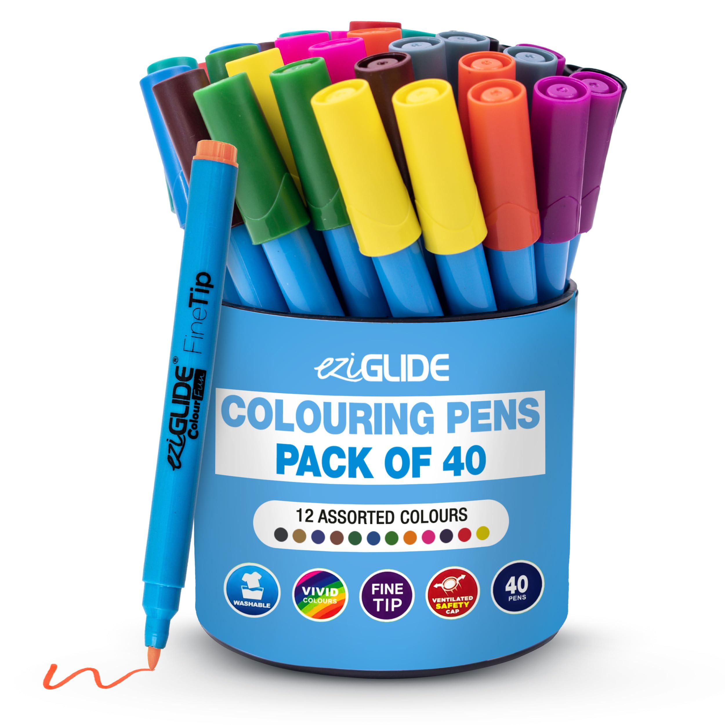 Eziglide Felt Tip Colouring Pens in Pen Pot, Assorted Colours Pack of 40 Fine Tip Colouring Pens, Fibre nib felt tips in 12 Bright colour pens for paper & card, Ideal for School, Work & Home