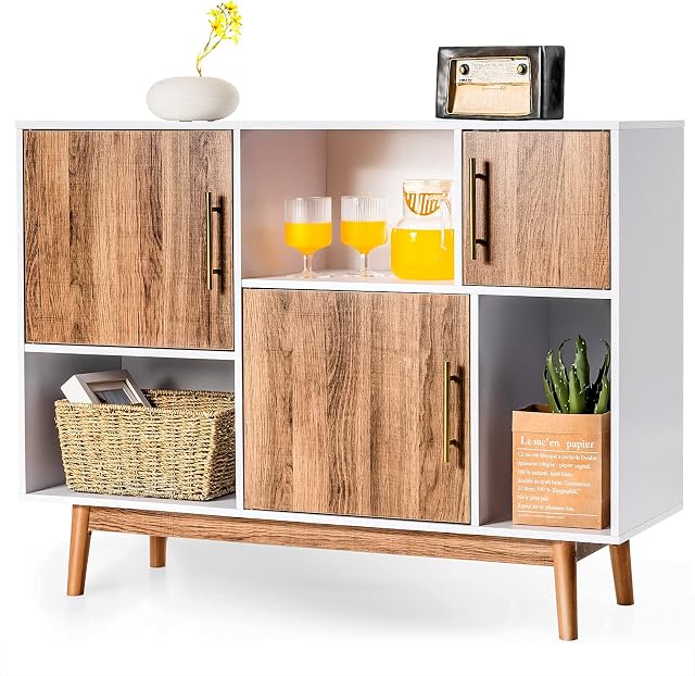 CASART Storage Cabinet, Wooden Storage Cupboard with 3 Doors & 3 Open Units, Modern Floor Standing Buffet TV Sideboard for Living Room, Bedroom, Sturdy, Office (Brown + White, 102 x 33 x 76cm)