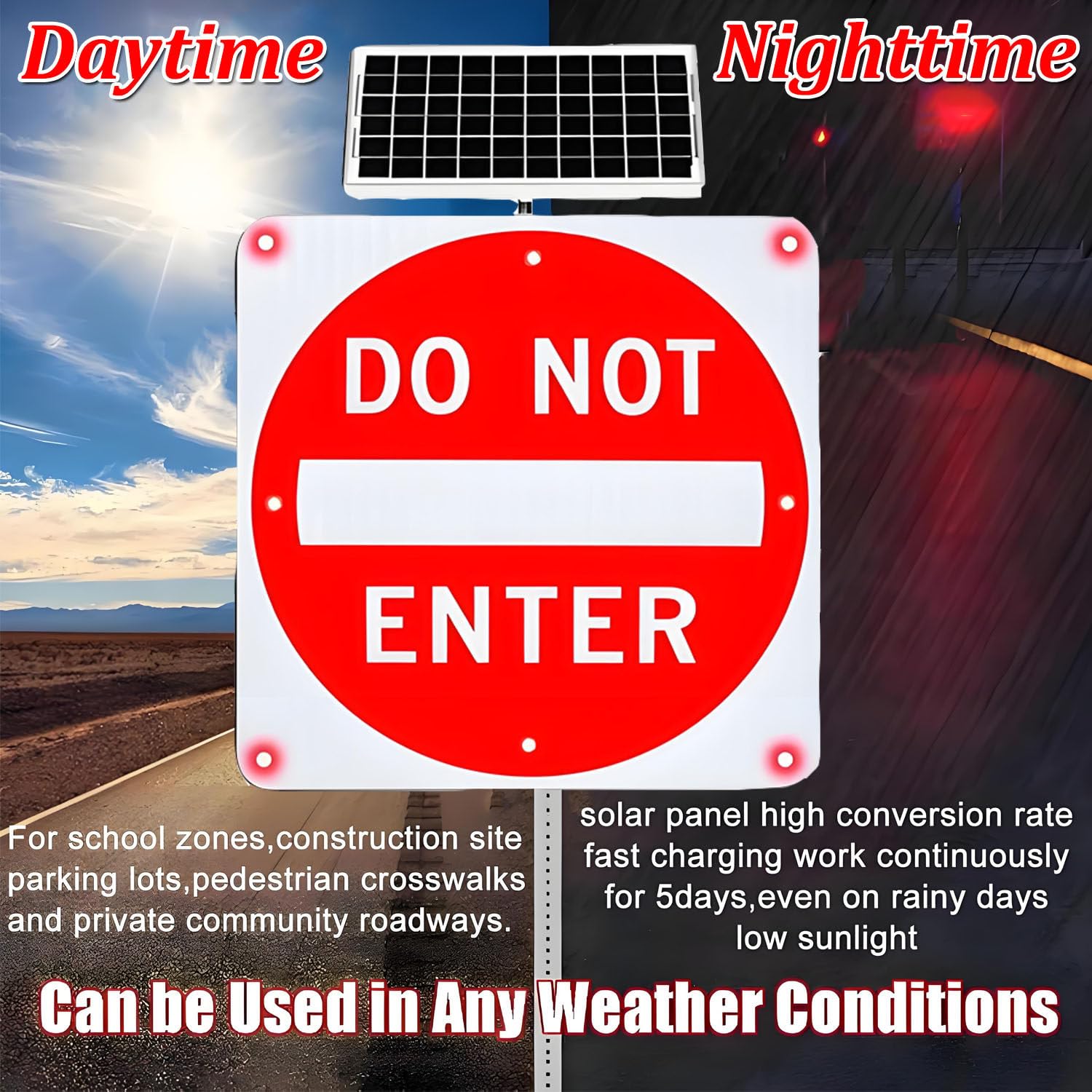 Cartello lampeggiante a LED con scritta Vietato l'ingresso alimentato a energia solare,struttura in alluminio resistente e antiruggine,12LED,cartello a LED con scritta Vietato l'ingresso 24in-1piece