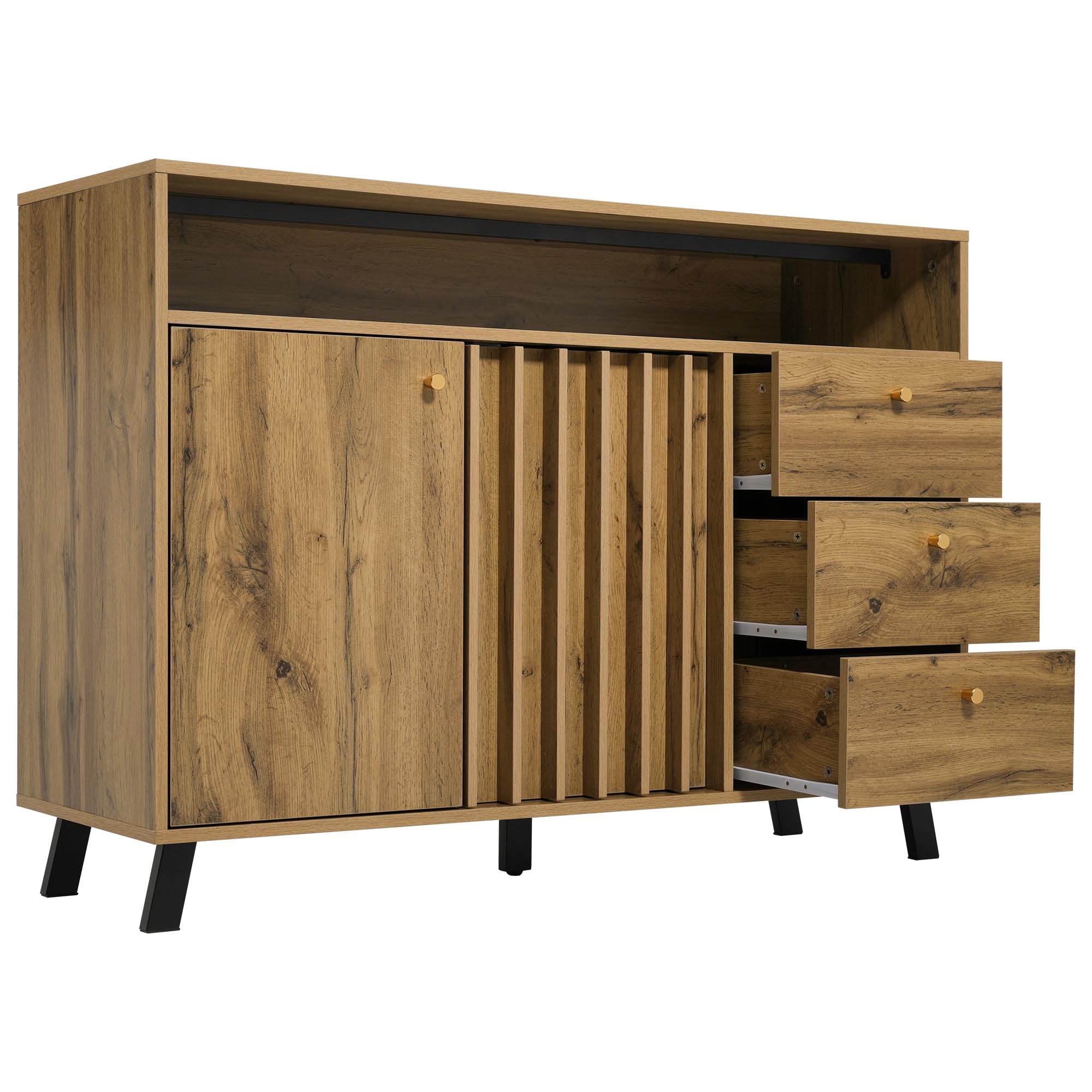 Aparador de 120 x 40 x 85 cm con 3 cajones y 2 puertas, armario de almacenamiento con compartimento abierto y frente de láminas en estilo vintage para salón, comedor, pasillo y entrada en roble oscuro