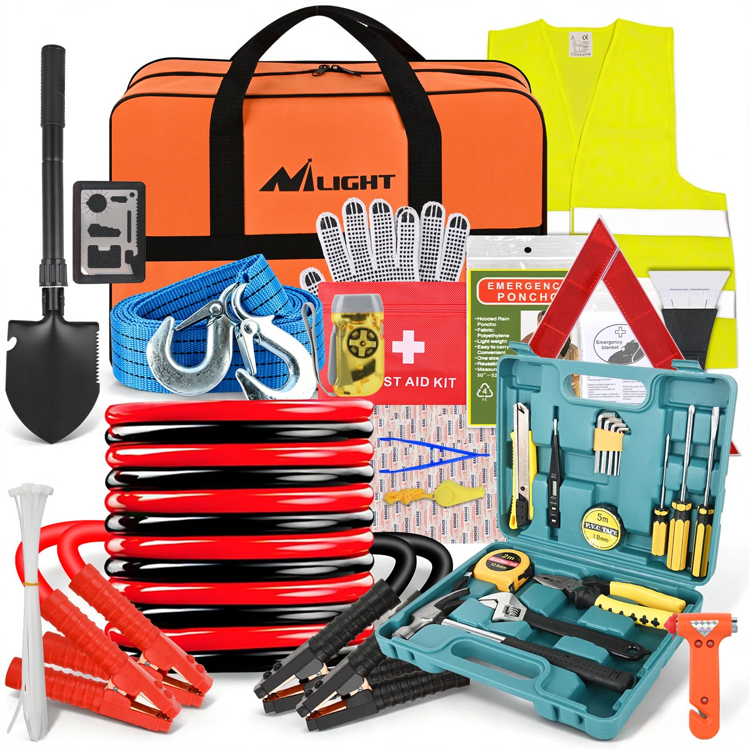 Nilight Car Emergency Kit with Jumper Cable, First Aid Kit Safety Assistance Tools for Travel Camping Outdoor Cars Truck SUV RV, Roadside Essentials with Flash Light