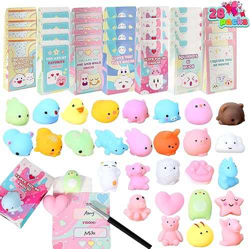 JOYIN Paquete de 28 juguetes esponjosos Mochi de San Valentín con bolsa de recuerdos de fiesta para niños, intercambio de regalos de San Valentín,