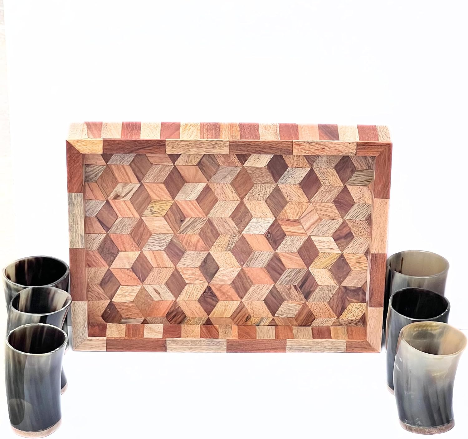 Natural Horn Drinking Glasses with Wooden Serving Tray Set – 12x9 Inch Ottoman Tray with 6 Horn Tumblers for Living Room, Dining, Kitchen & Bar Decor