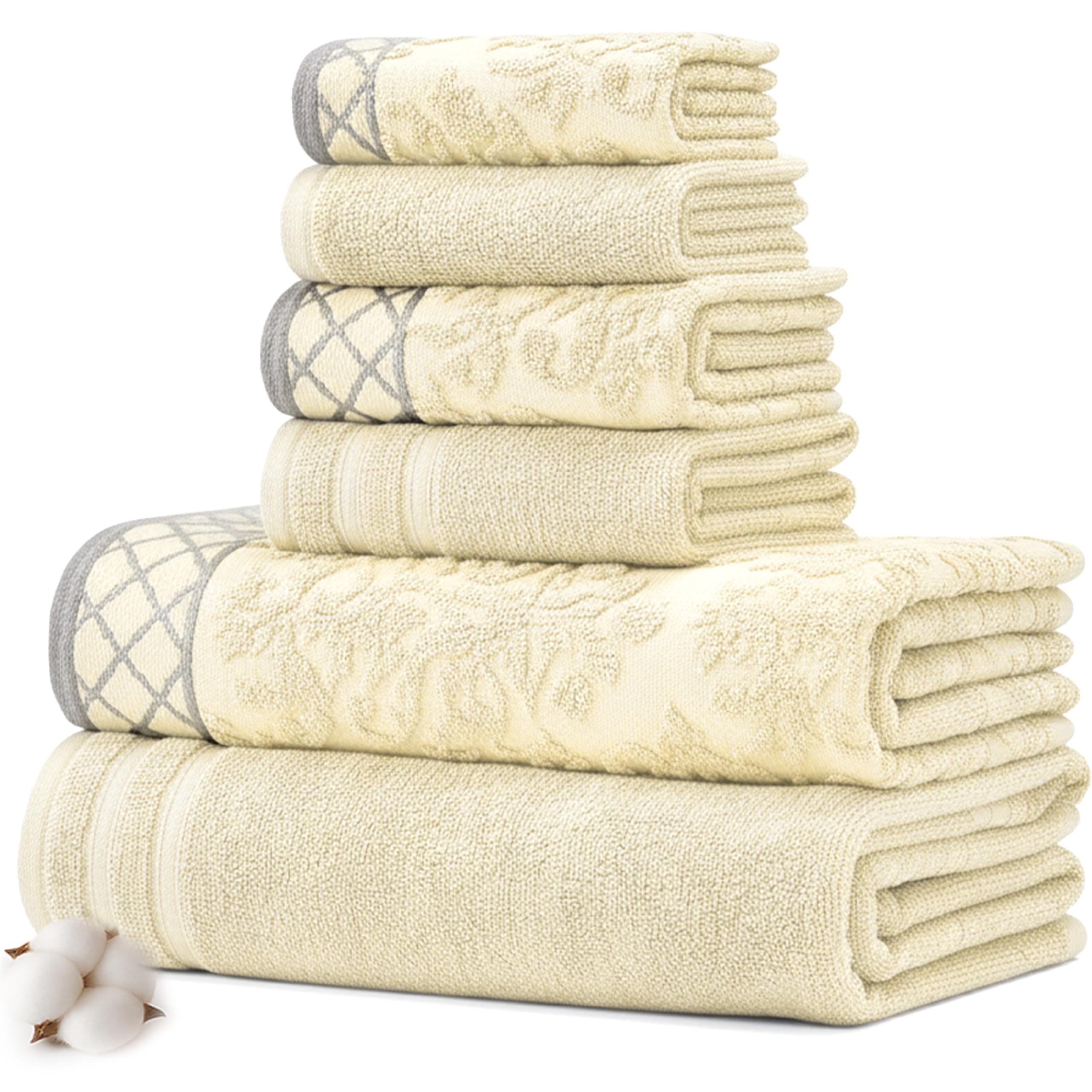 Modern Threads 6-Piece Damask Jacquard/Solid Ultra Soft 550GSM 100% Combed Cotton Towel Set with Embellished Borders [Ivory]