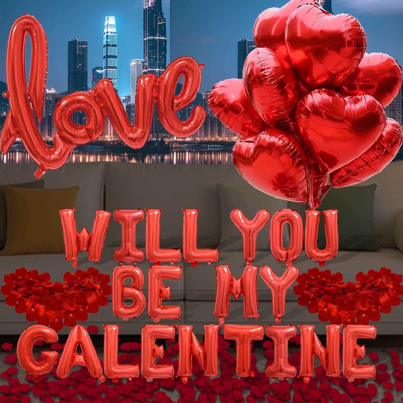 Czerwone balony 'WILL YOU BE MY GALENTINE' na dekoracje walentynkowe - czerwone sztuczne płatki róż 40 cm balon z literami 45 cm balony w kształcie serca szczęśliwy dzień galentyny romantyczny wystrój