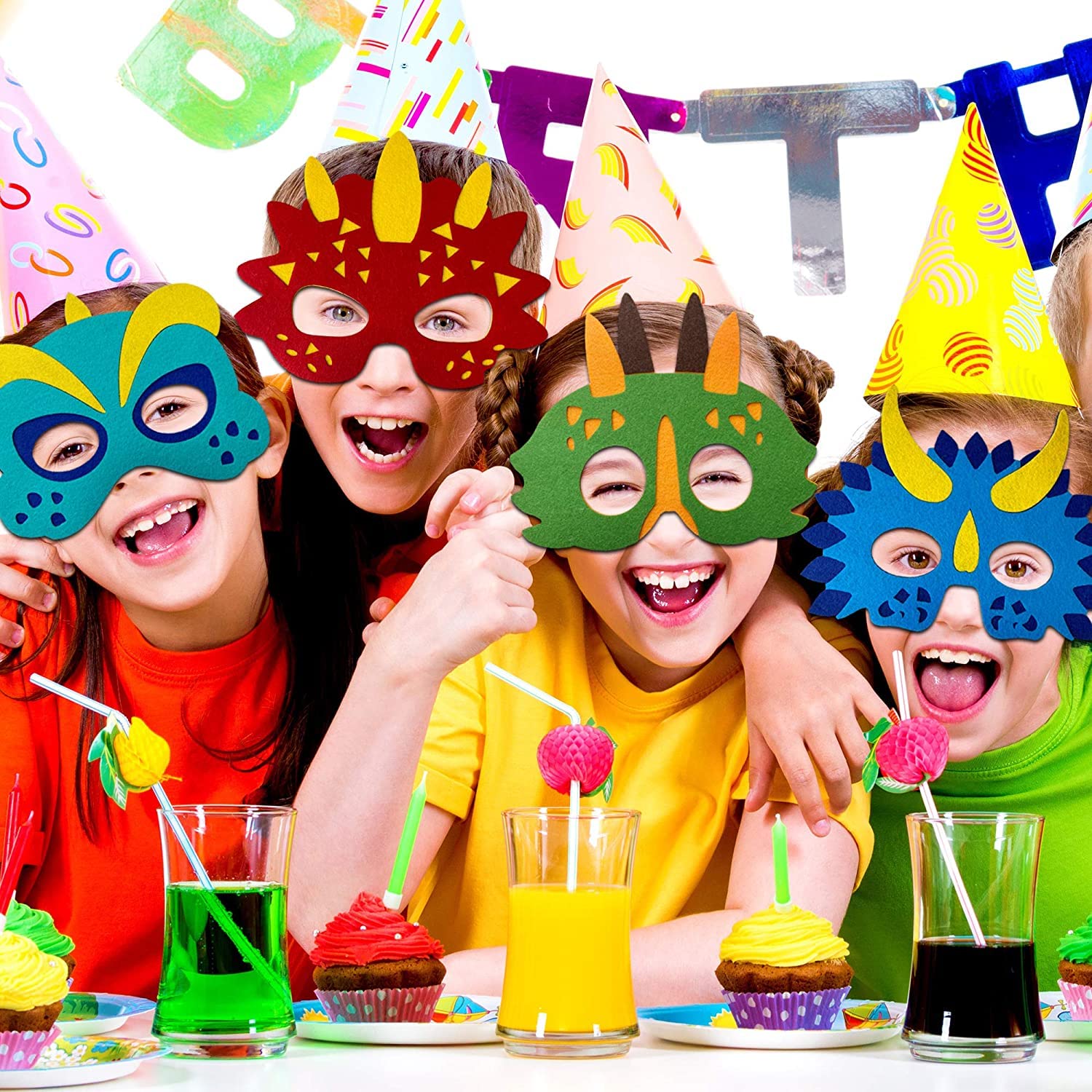 LATERN 24 Pezzi Maschere di Dinosauro in Feltro, Maschere per Bambini Maschera per Feste di Animali Riempitrici per Sacchetti per Feste Vesti Maschera per Cosplay per Masquerade Compleanni Giungla