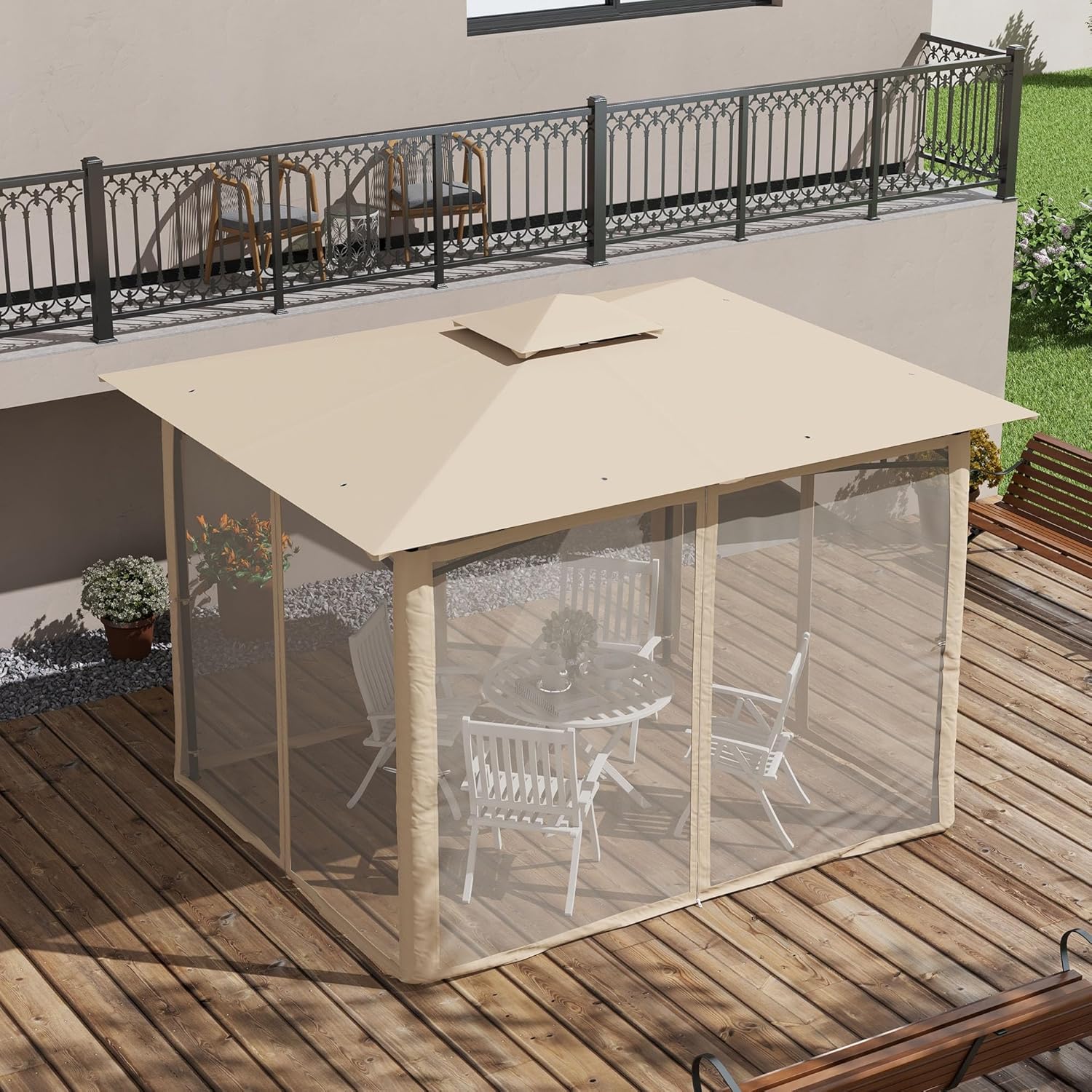 Outsunny 10' x 12' Patio Gazebo with Netting, Double Roof Outdoor Gazebo Canopy Shelter, Solid Metal Frame for Garden, Lawn, Backyard, Deck, Beige